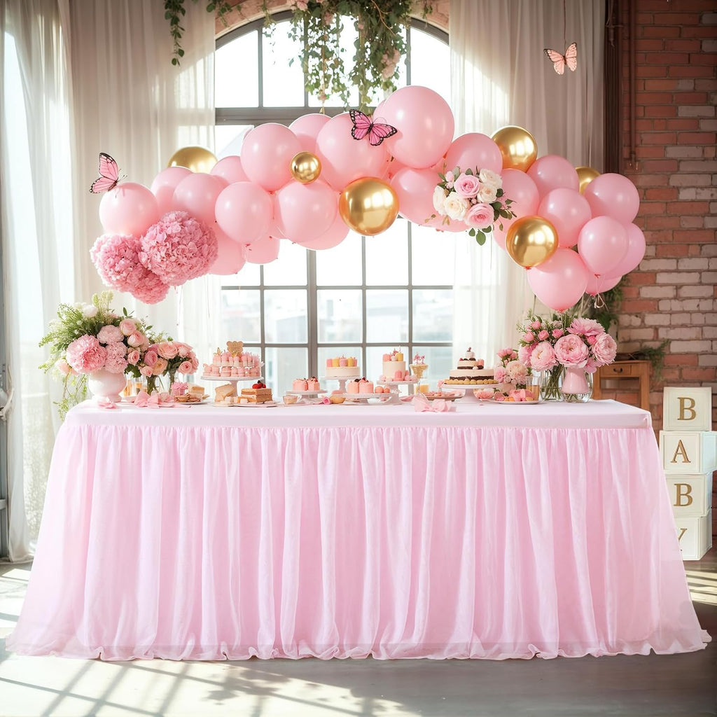 Wish Care 6 Pack Pink Tulle Tablecloth for 6 Foot Rectangle Tables Ruffle Stretch Fitted Table Cloths Wrinkle Free Table Cover with Tutu Skirt for Party Wedding Girls Birthday Baby Bridal Shower Cake