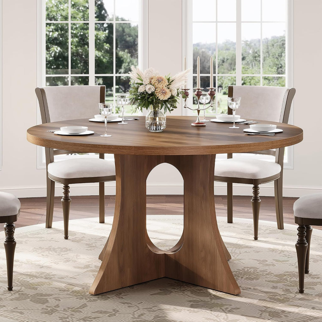 Round Dining Table for 4-6 People, 43.3 Inch Circle Kitchen Table with Sturdy Legs & Adjustable Foot Pads, Modern Farmhouse Dinner Table for Dining Room and Apartment, Walnut