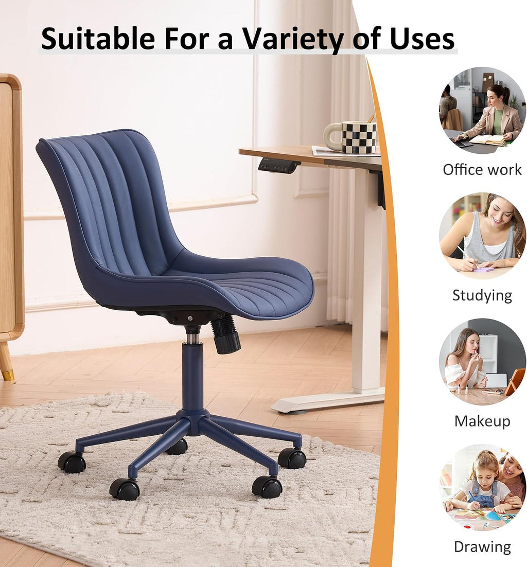 YOUNIKE Office Desk Chair with Wheels Armless Vanity Chair with Back Comfy Leather Upholstered Rolling Task Chair Swivel Small Cute Sewing Chair No Arms Wide Ergonomic Mid-Century Modern Navy Blue