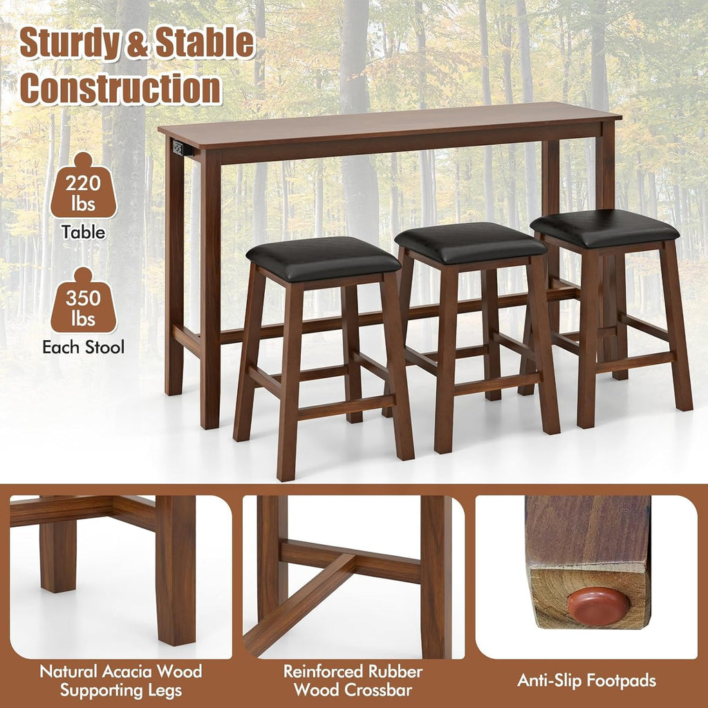 Tangkula 4-Piece Bar Table with Stools, Wooden Dining Bar Table & Chairs Set w/Power Outet, Kitchen Console Table w/ 3 Upholstered Stools for Living Room, Dining Room (Walnut Brown)
