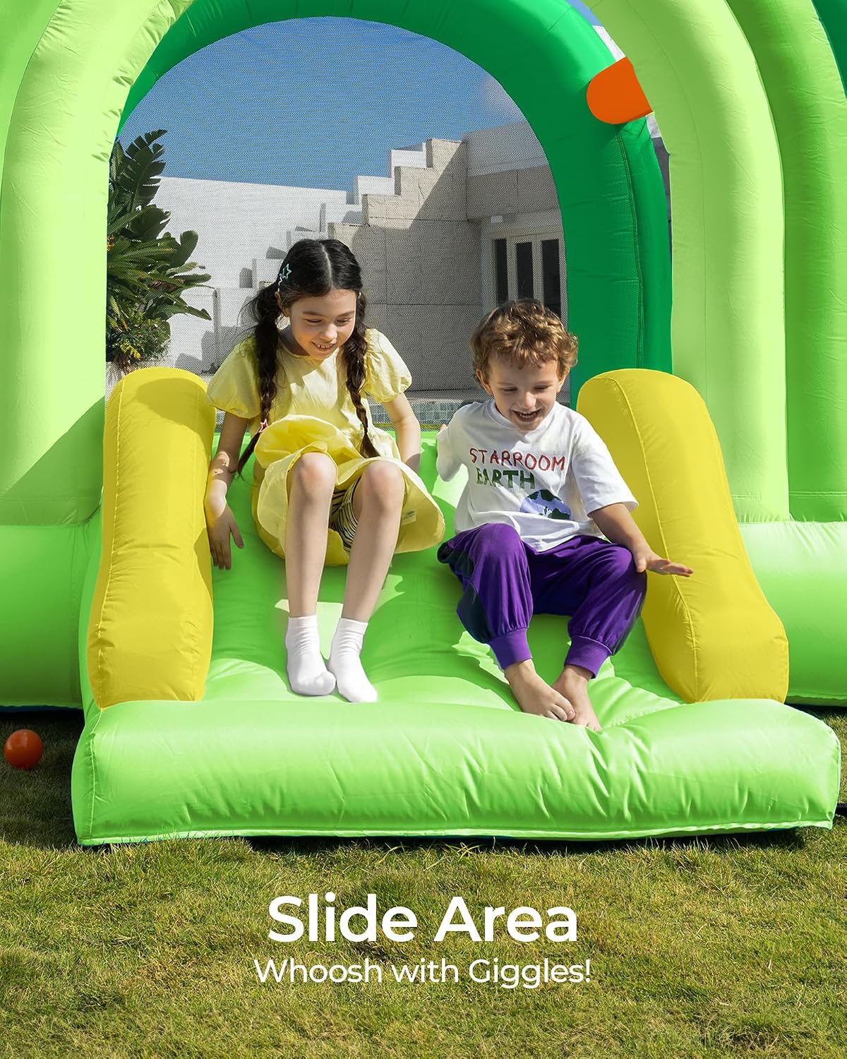 Outfunny Bounce House with Slide, Inflatable Bouncy House for Kids 3-12 w/Ball Pit, Outdoor & Indoor, Bounce Area 8'x8', Capacity 400 lb - Green