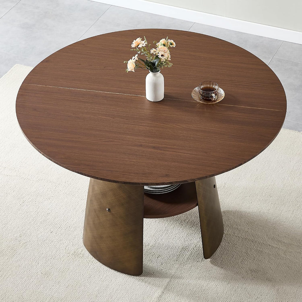 47' Round Dining Table for 4 to 6, Mid Century Modern Dining Table with Brushed Carbon Steel Base & Storage Shelf, Space Saving Kitchen Dining Room Table for Living Room Apartment Small Space, Walnut