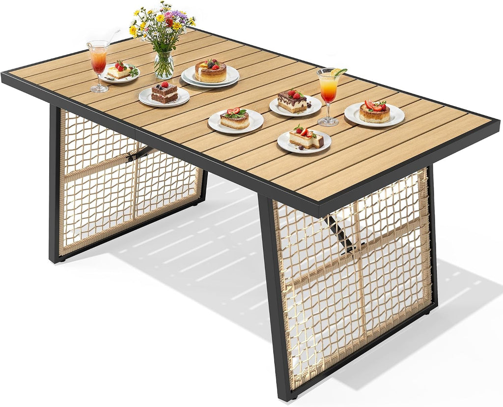 YITAHOME Dining Table 59.1'x34.3' Rectangular Patio Table with Metal Frame & Rattan Mesh All-Weather Outdoor Patio Dining Table for 6 Outdoor Table with Adjustable Feet for Outdoor/Indoor