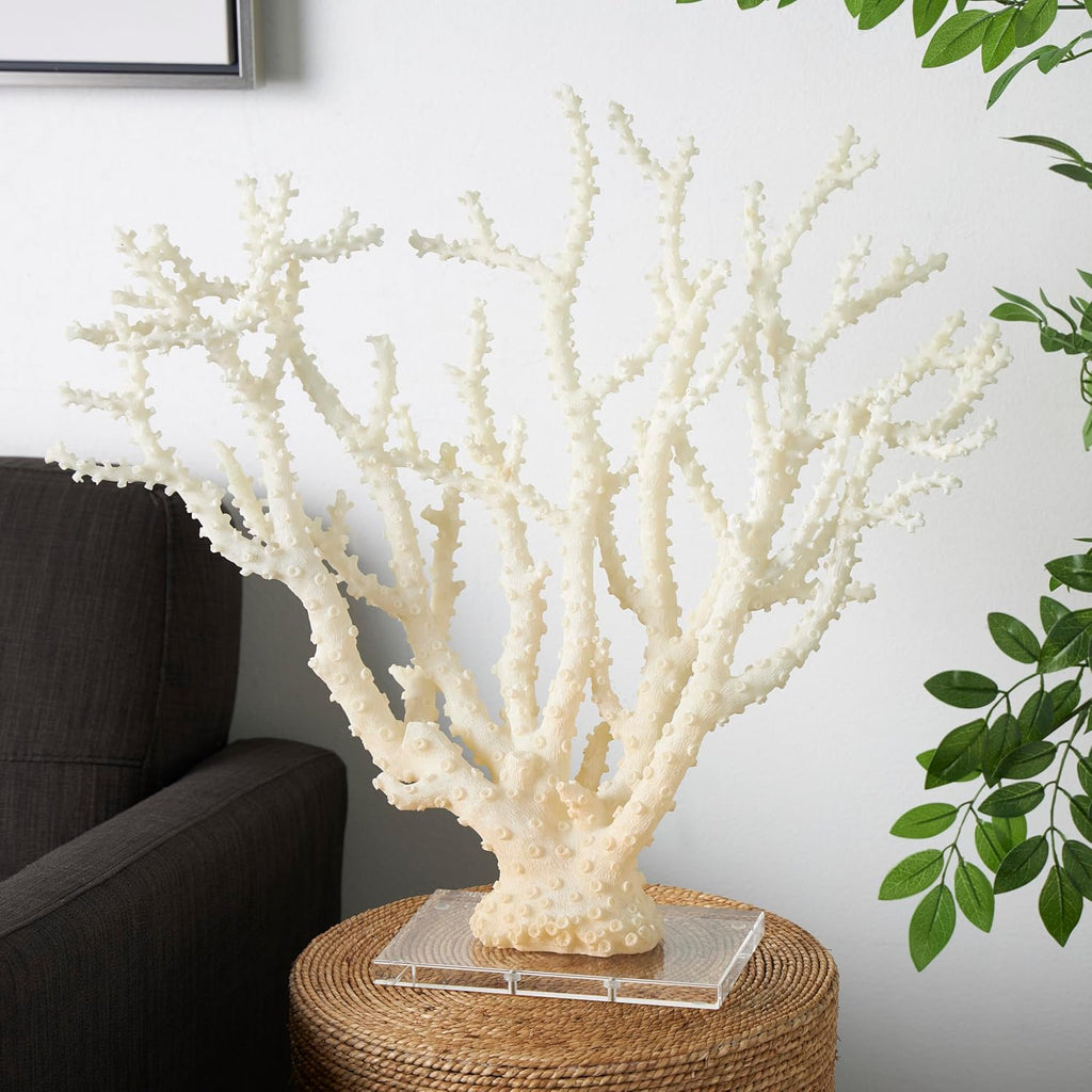 Deco 79 Polystone Coral Decorative Sculpture Home Decor Statue with Clear Acrylic Base, Accent Figurine 26' x 8' x 23', Cream