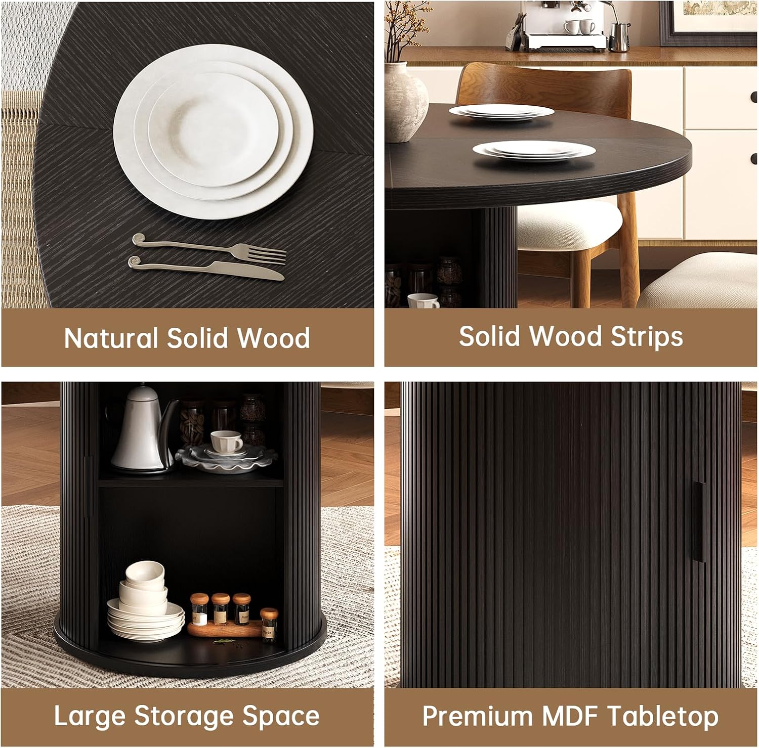 47 inch Round Dining Table for 4, Farmhouse Kitchen Table with 2-Layer Storage Shelf and Wood Slide Door Modern Dinner Table or Home Dining Room Living Room (Black)