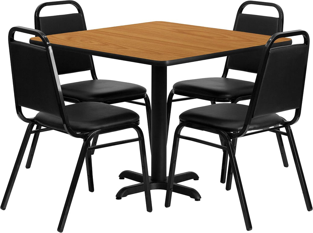 Flash Furniture Carlton 36'' Square Natural Laminate Table Set with X-Base and 4 Black Trapezoidal Back Banquet Chairs