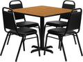 Flash Furniture Carlton 36'' Square Natural Laminate Table Set with X-Base and 4 Black Trapezoidal Back Banquet Chairs