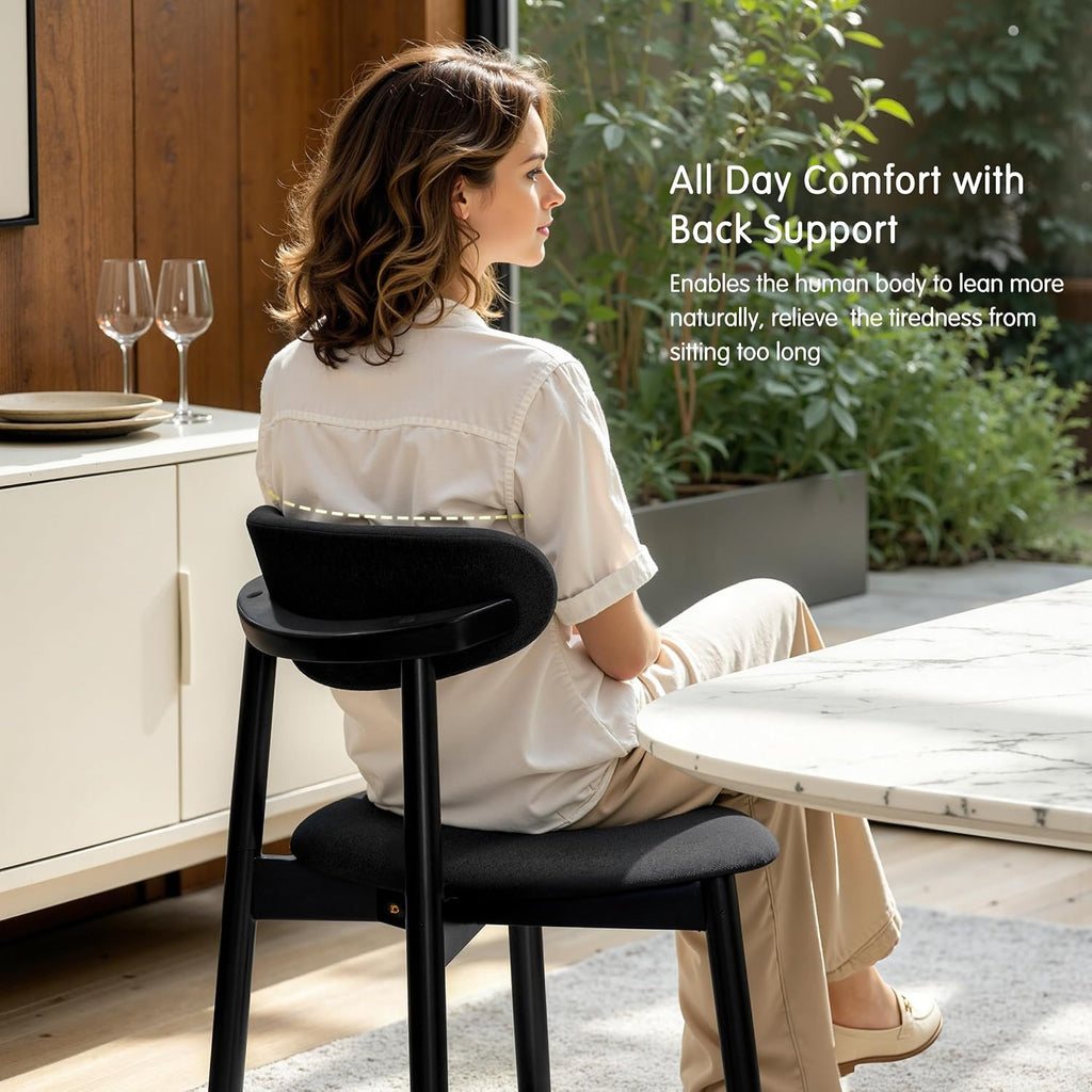 CHUN YI Dining Chairs Set of 4, Upholstered Solid Wood Dining Room Chairs, Mid Century Modern Fabric Kitchen Chairs with Ergonomic Curved Back, Black (Only Chairs)