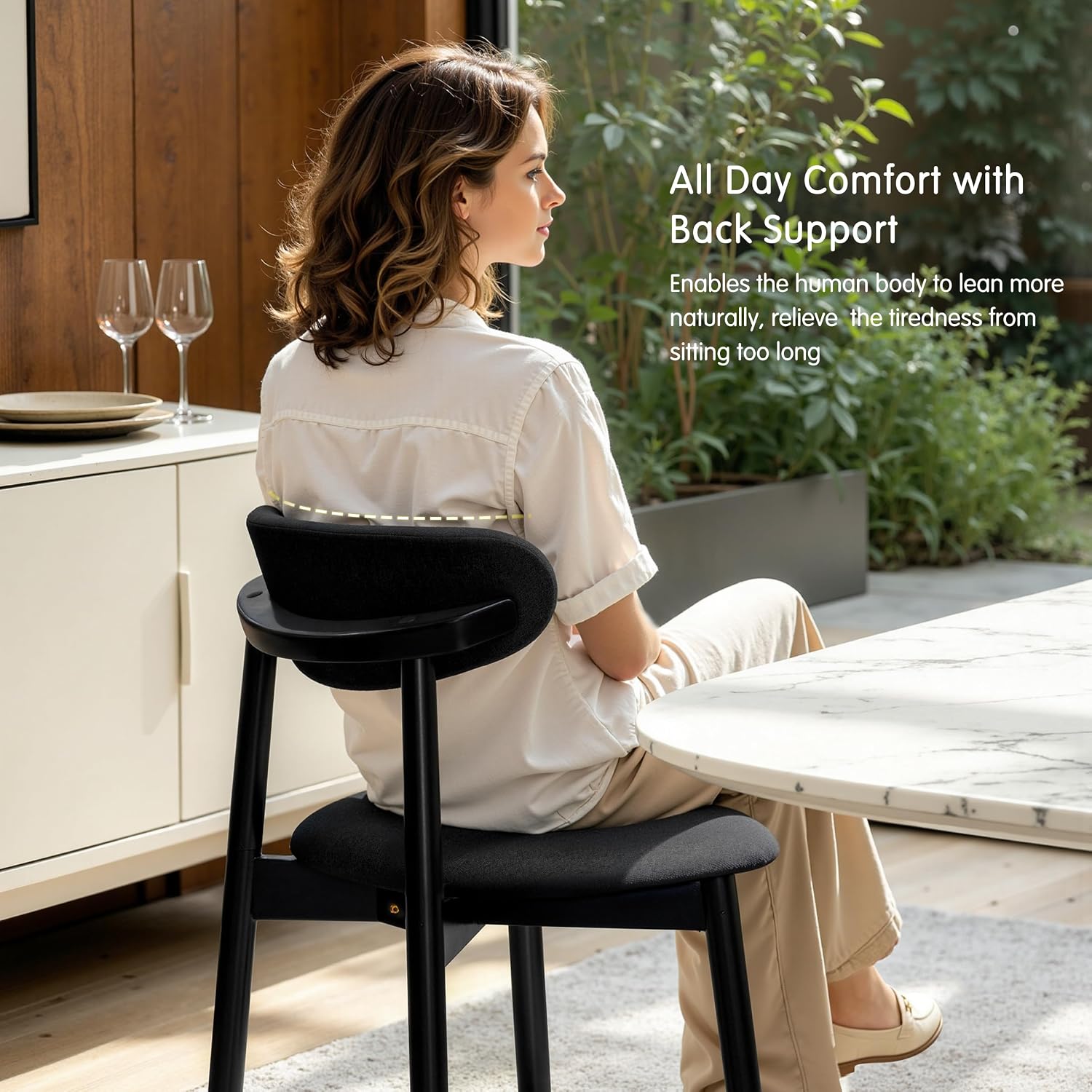 CHUN YI Dining Chairs Set of 4, Upholstered Solid Wood Dining Room Chairs, Mid Century Modern Fabric Kitchen Chairs with Ergonomic Curved Back, Black (Only Chairs)