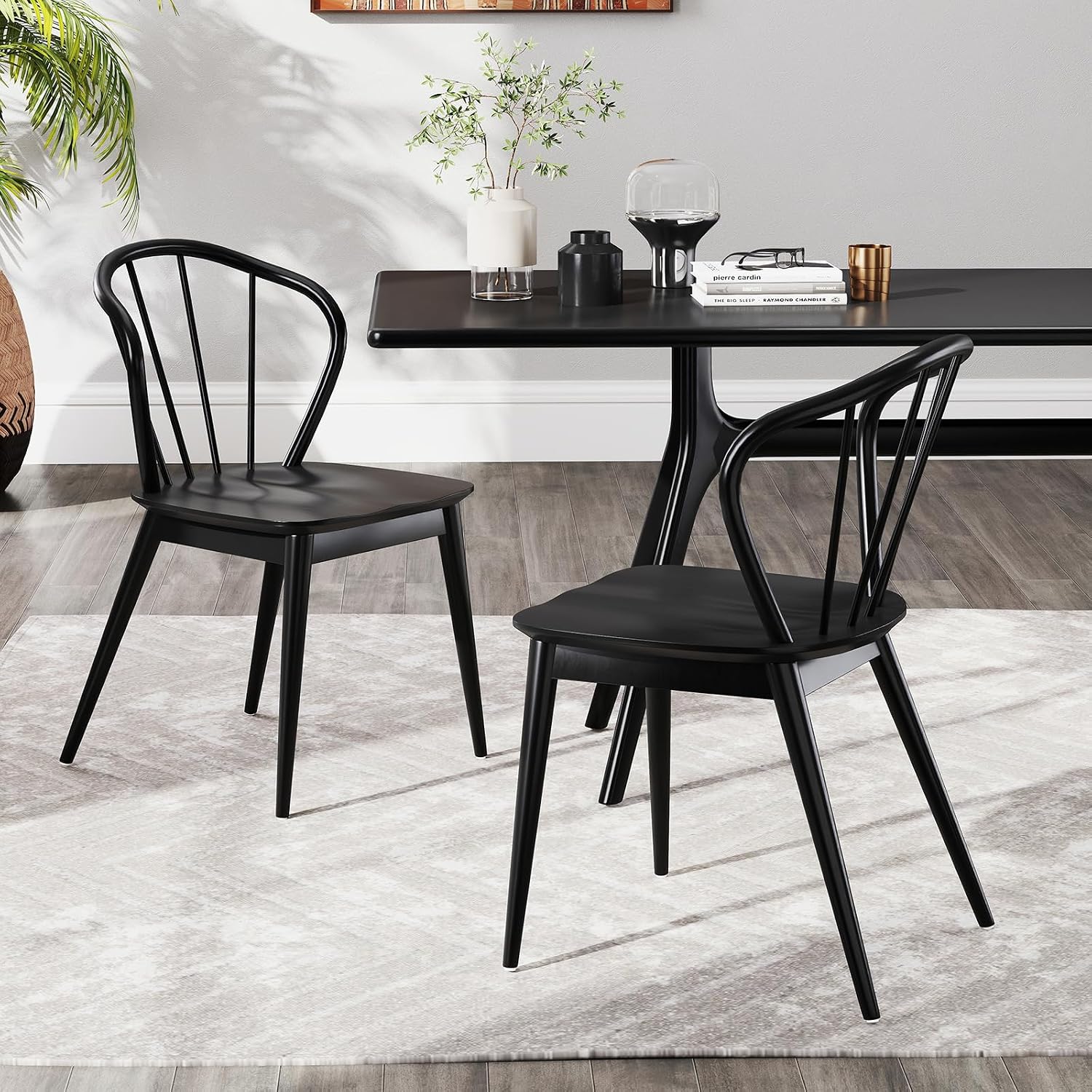 Giantex Wooden Dining Chairs Set of 2, Black Windsor Kitchen Chair w/High Spindle Back & Rubber Wood Legs, Wide Seat & Curved Backrest, Farmhouse Side Chairs, Armless Accent Chair for Home Restaurant