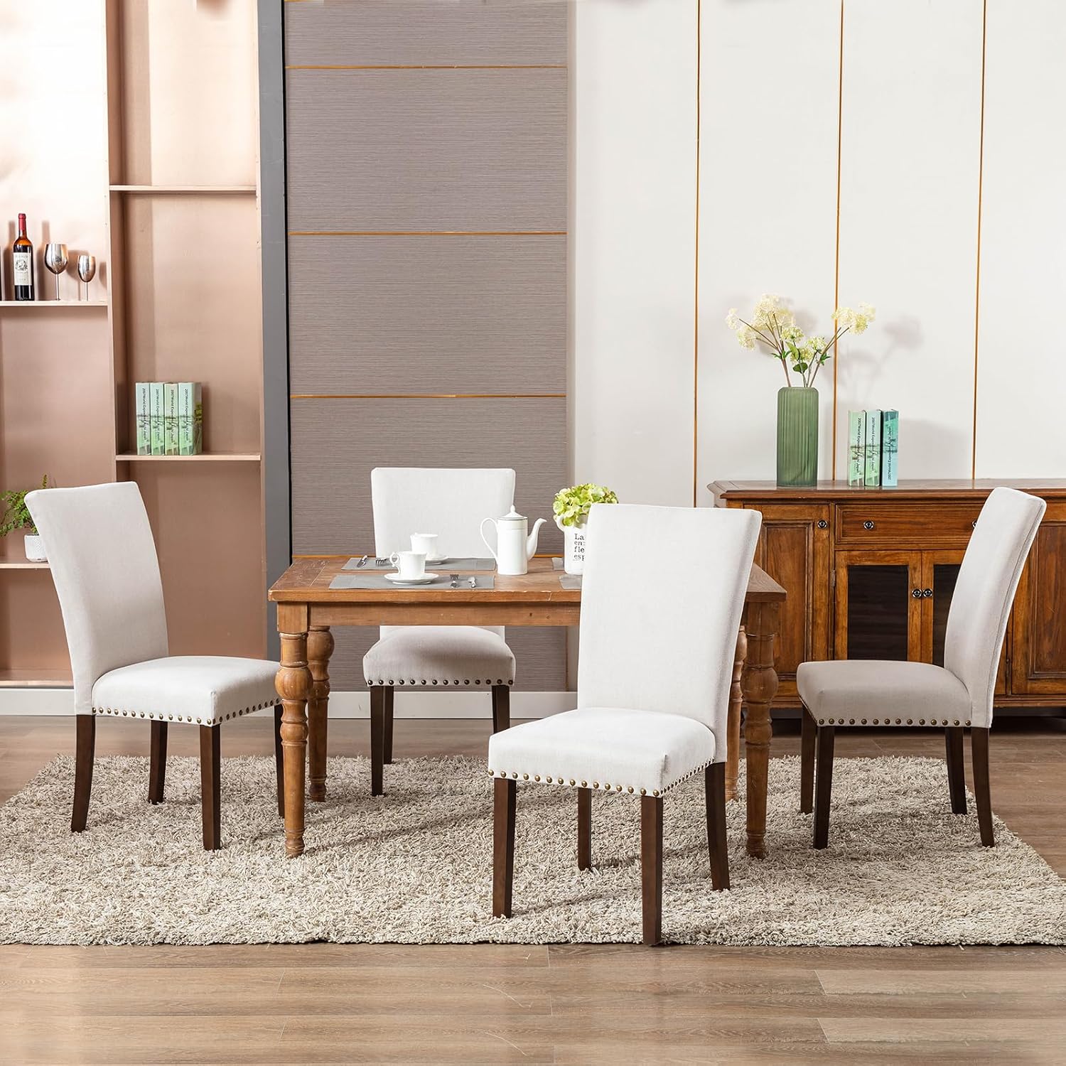 COLAMY Upholstered Dining Chairs Set of 2, Parsons Style Side Chairs with Nailhead Trim and Solid Wood Legs, Comfortable Linen Fabric for Kitchen & Dining Room – Beige