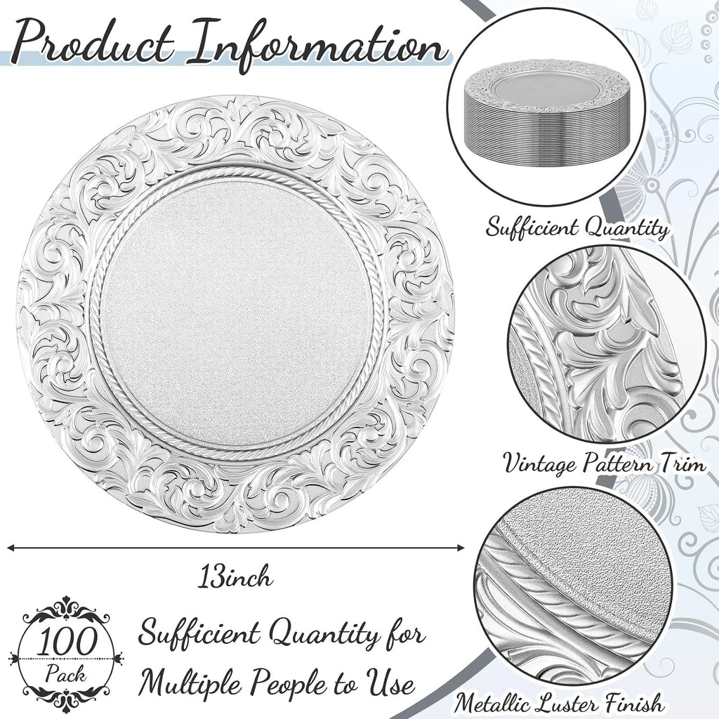 FoldTier 100 Set Antique Charger Plates with Napkins Set 13 Inch Plastic Round Chargers Bulk Embossed Rim Dinner Plates Elegant Guest Towels for Wedding Party Event Table Decoration Setting (Silver)