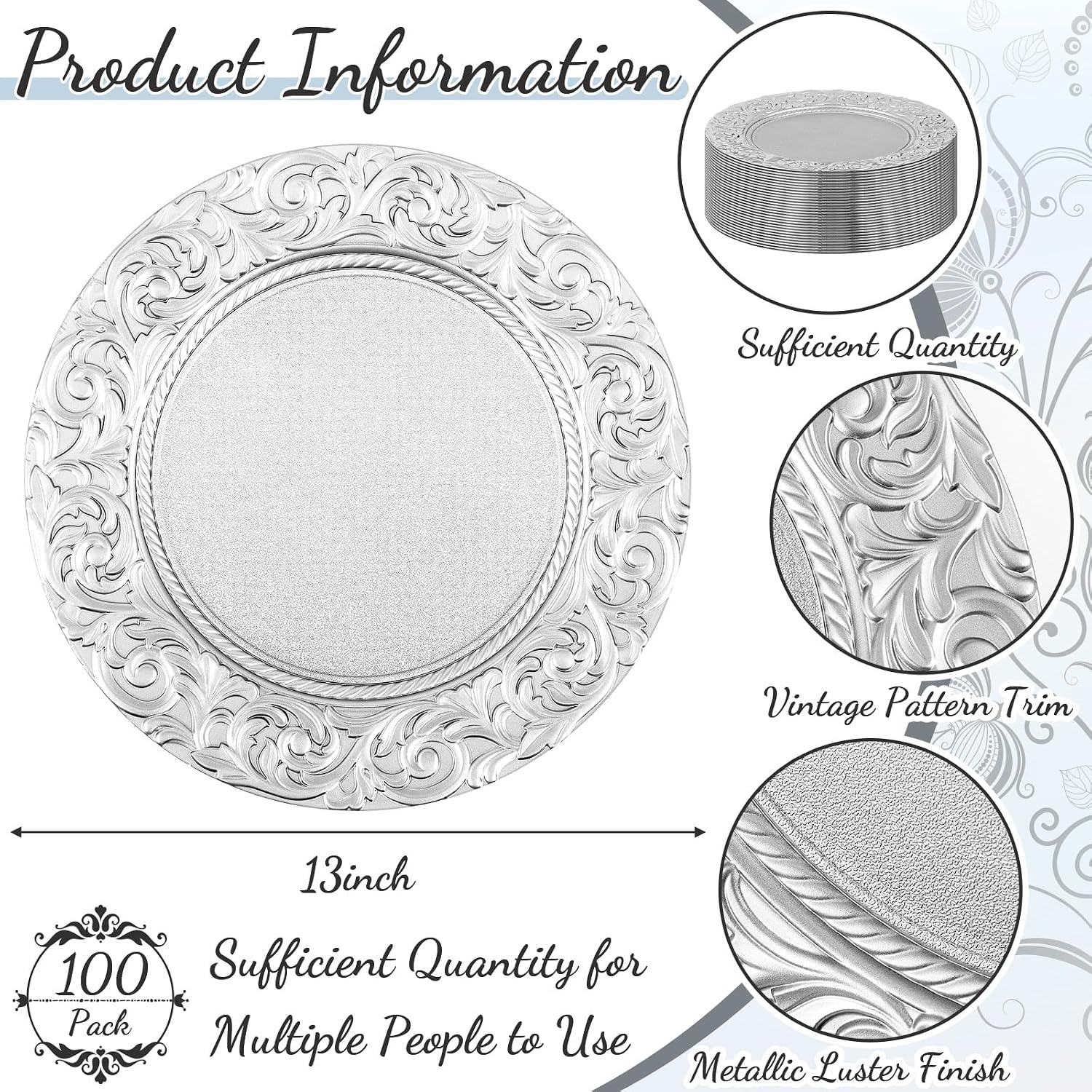 FoldTier 100 Set Antique Charger Plates with Napkins Set 13 Inch Plastic Round Chargers Bulk Embossed Rim Dinner Plates Elegant Guest Towels for Wedding Party Event Table Decoration Setting (Silver)
