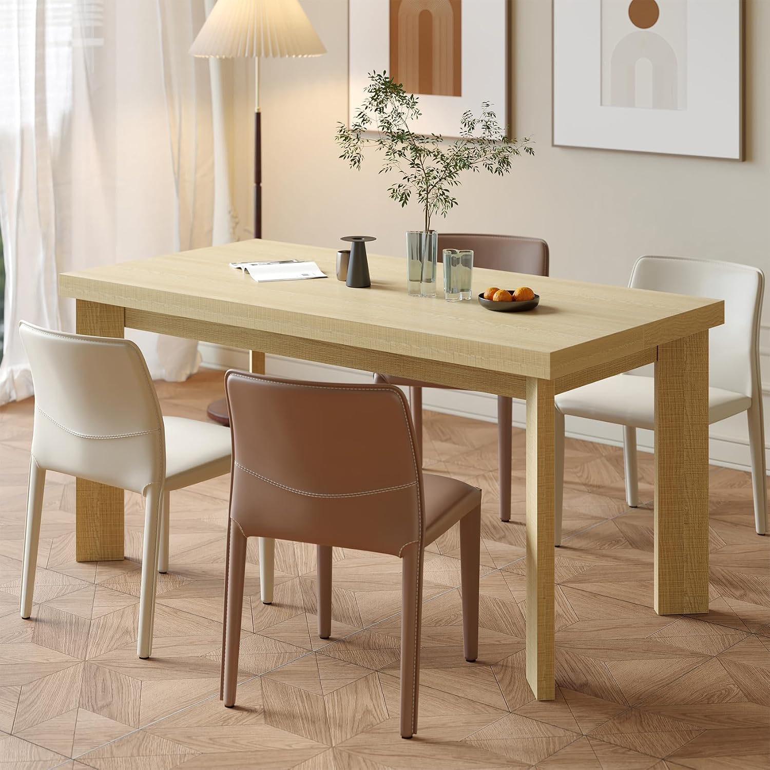 Bigbiglife 63 Inch Dining Table for 6, Indoor Outdoor Dining Table with Wood Legs, Kitchen Table with Large Tabletop, Rectangular Dinner Table for Dining Room, Living Room, Kitchen, Natural