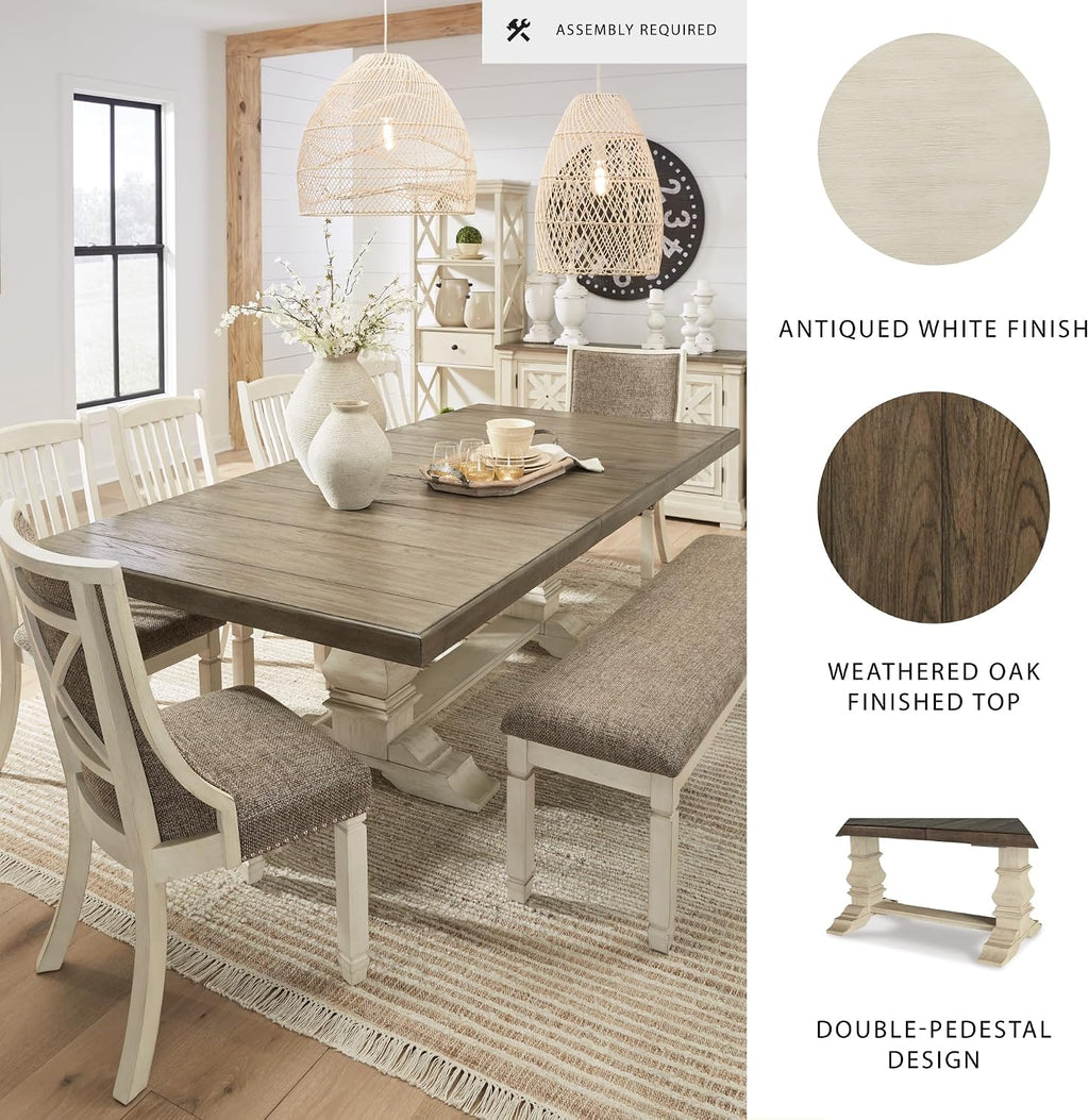 Signature Design by Ashley Bolanburg Farmhouse Extension Dining Table with Removable Center Leaf and Trestle Base, Dark Brown & White
