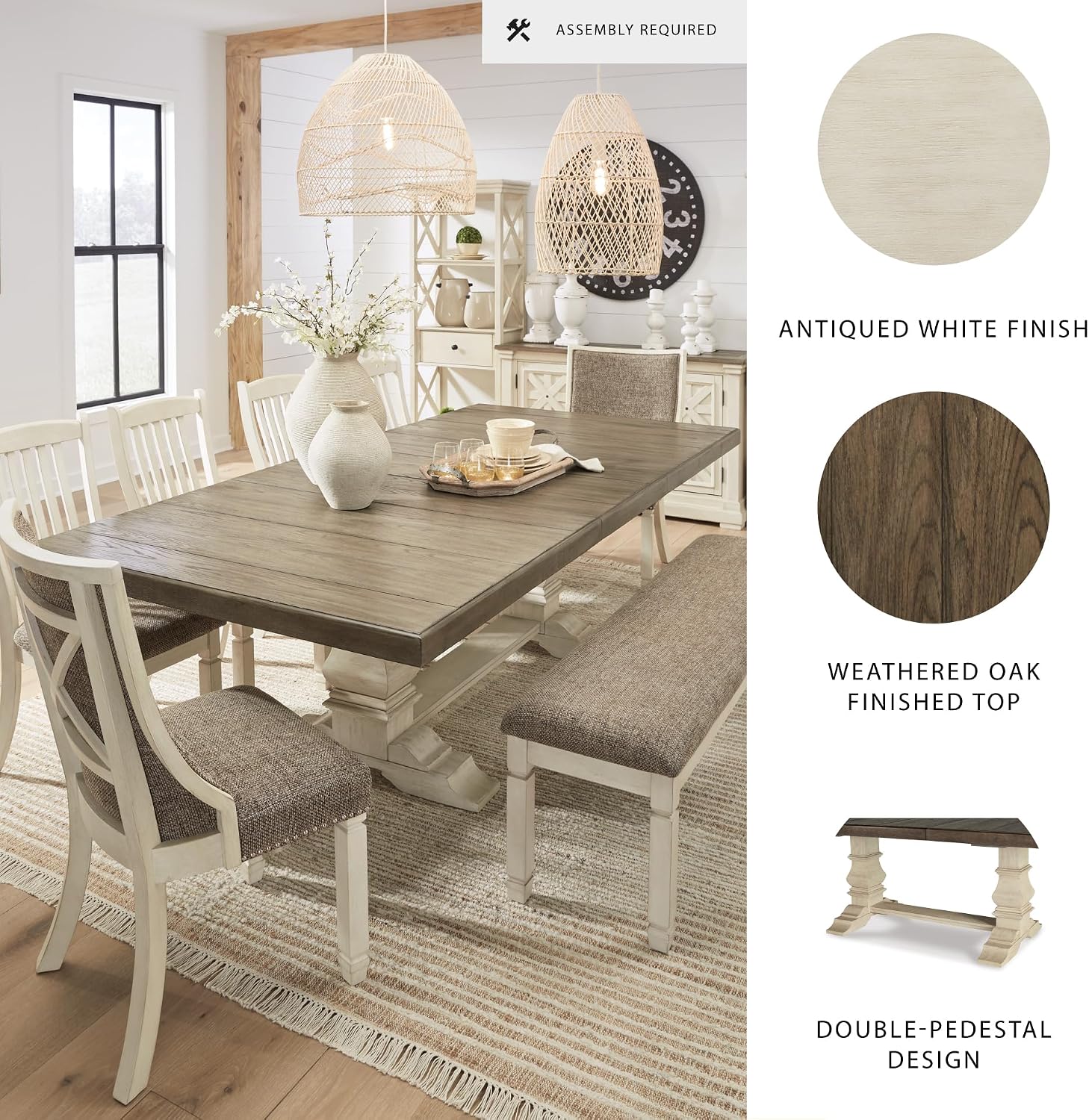 Signature Design by Ashley Bolanburg Farmhouse Extension Dining Table with Removable Center Leaf and Trestle Base, Dark Brown & White