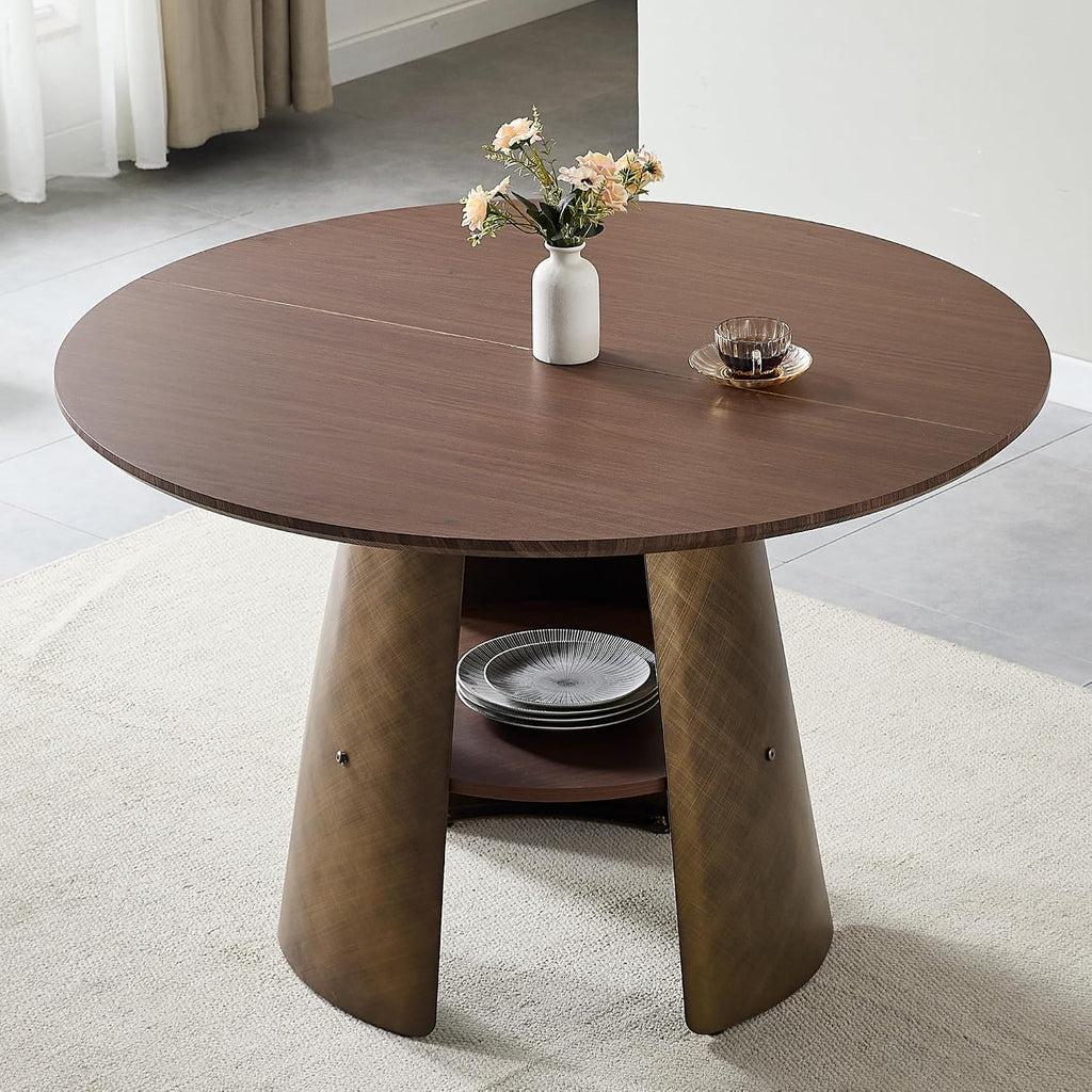 47' Round Dining Table for 4 to 6, Mid Century Modern Dining Table with Brushed Carbon Steel Base & Storage Shelf, Space Saving Kitchen Dining Room Table for Living Room Apartment Small Space, Walnut