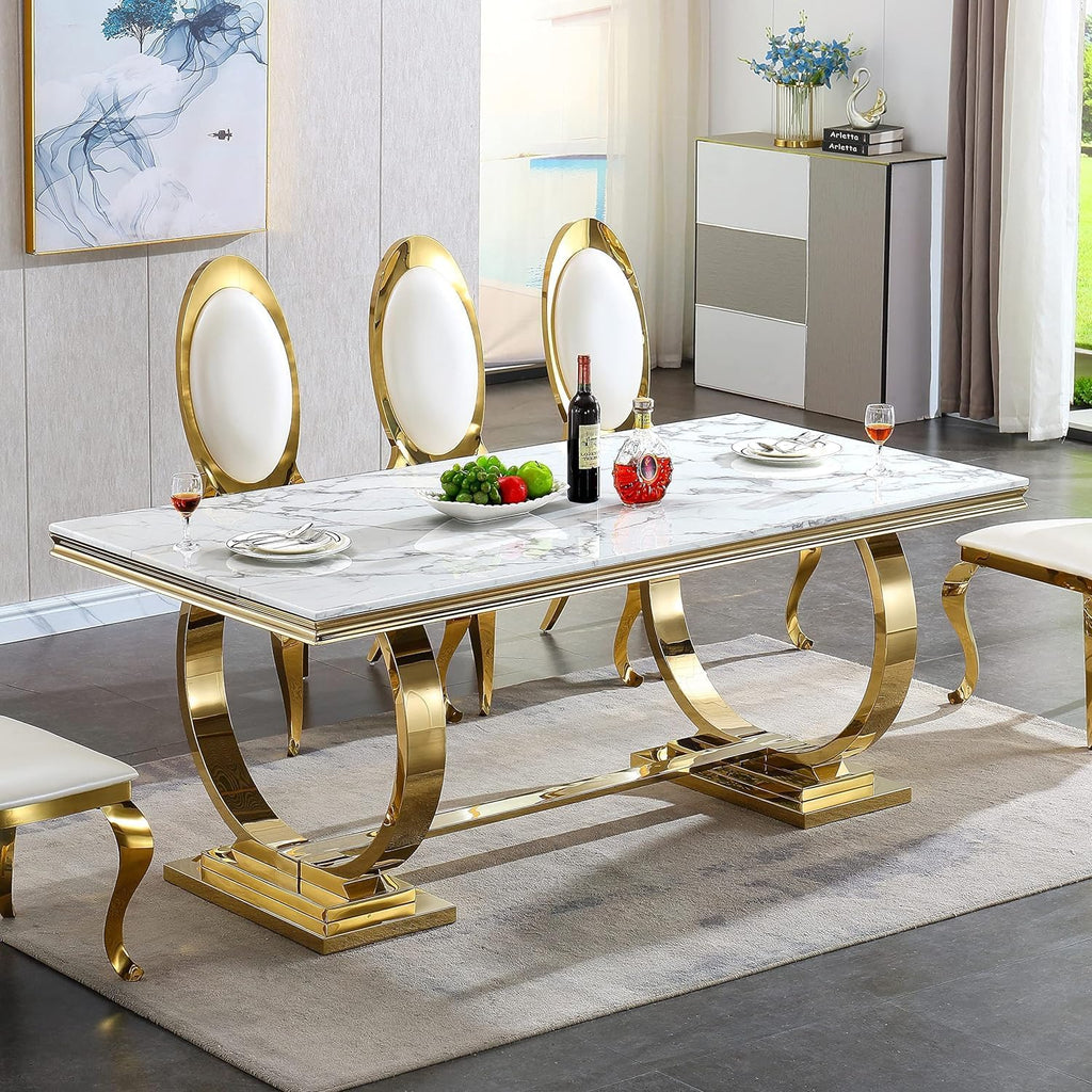 68' White Marble Dining Table for 6-8, Mid Century Modern Dining Table with Faux Marble Top & Gold O Shape Stainless Steel Base, Large Luxury Rectangular Dinner Table for Kitchen Dining Room