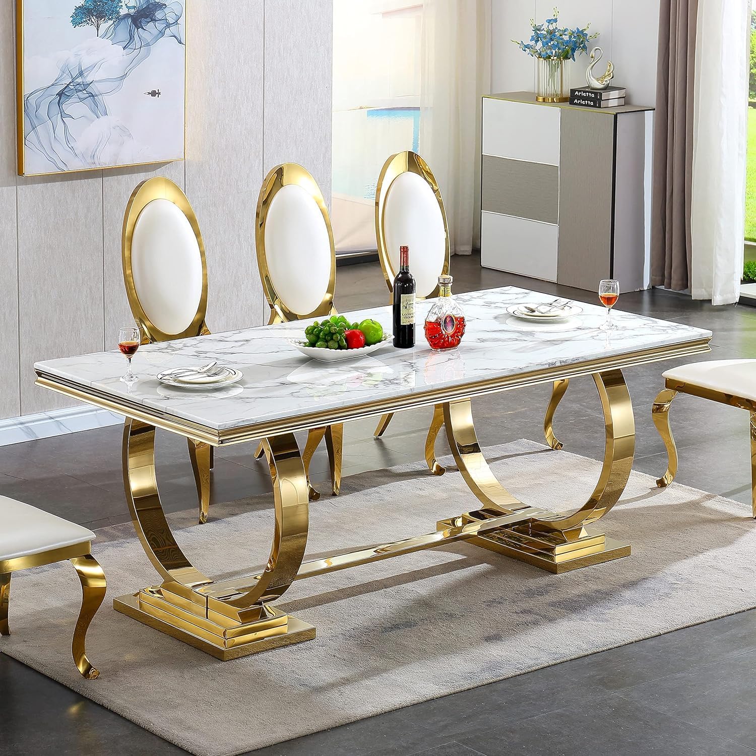 68' White Marble Dining Table for 6-8, Mid Century Modern Dining Table with Faux Marble Top & Gold O Shape Stainless Steel Base, Large Luxury Rectangular Dinner Table for Kitchen Dining Room