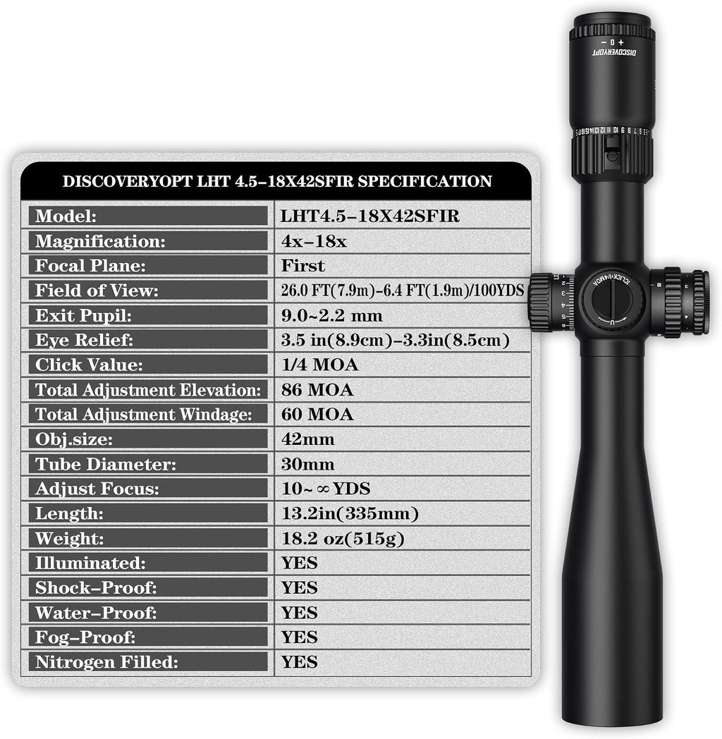DISCOVERYOPT LHT 4.5-18X42SFIR Rifle Scope - First Focal Plane 30mm Tube, Red Illumination (6 Levels), 1/4 MOA Reticle, Waterproof & Fogproof, Lightweight for Close-Range Hunting