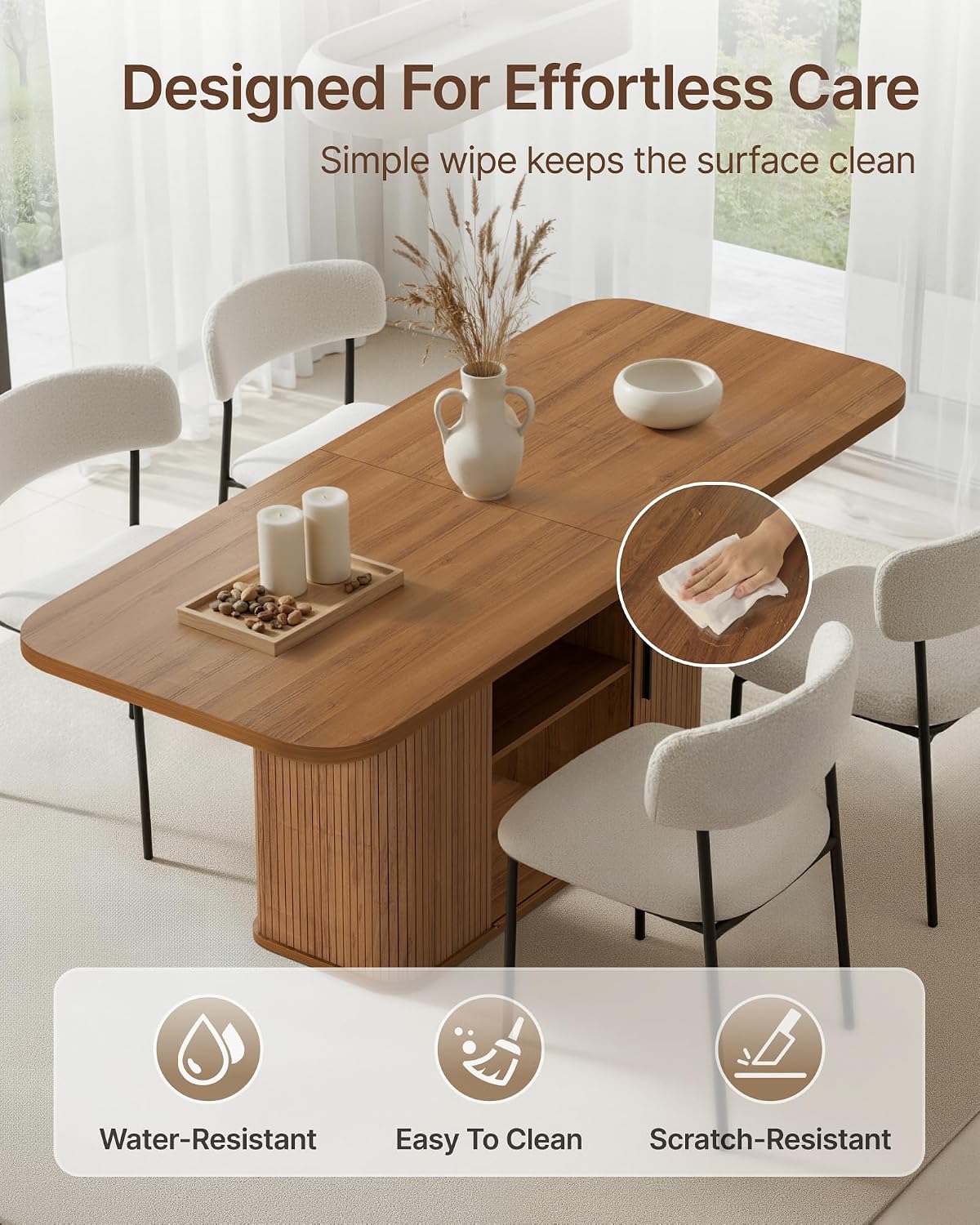 SUNCOZE Mid-Centur Dinner Tables for 4/6/8, 70.9' Rectangle Dining Room Table with Large Tabletop and Sliding Tambour Doors, Fluted Dining Table 2-Layer Storage for Kitchen and Living Room, Walnut