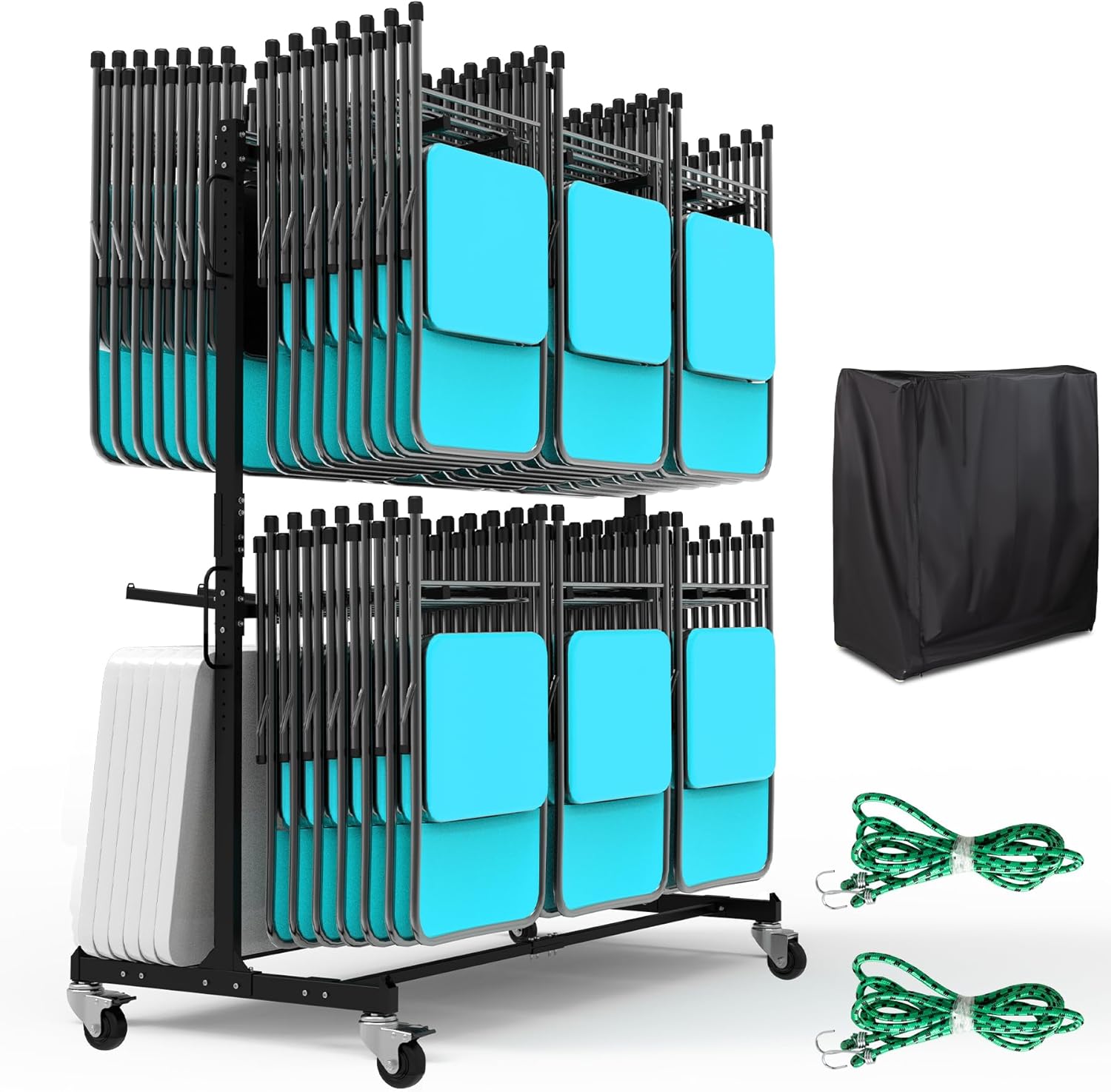 Updated Folding Chair Rack, Heavy-Duty Folding Chair Cart w/ 4 Swivel Wheels, Holds 12 Tables or 84 Chairs, Up to 1000 LBS Capacity, 2 Binding Ropes, 1 Dust Cover, 72'L x 33'W x 74'H, Black