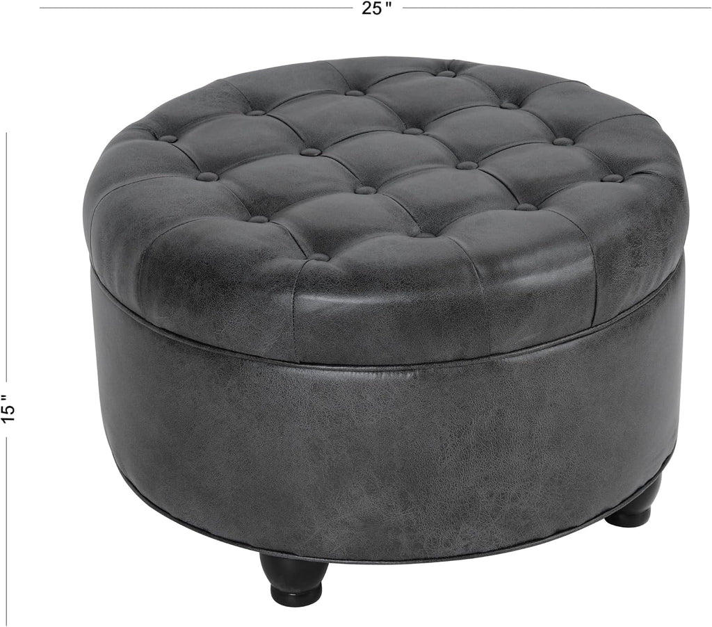 Homepop Home Decor |Button Tufted Faux Leather Round Storage Ottoman | Ottoman with Storage for Living Room & Bedroom (Gray)