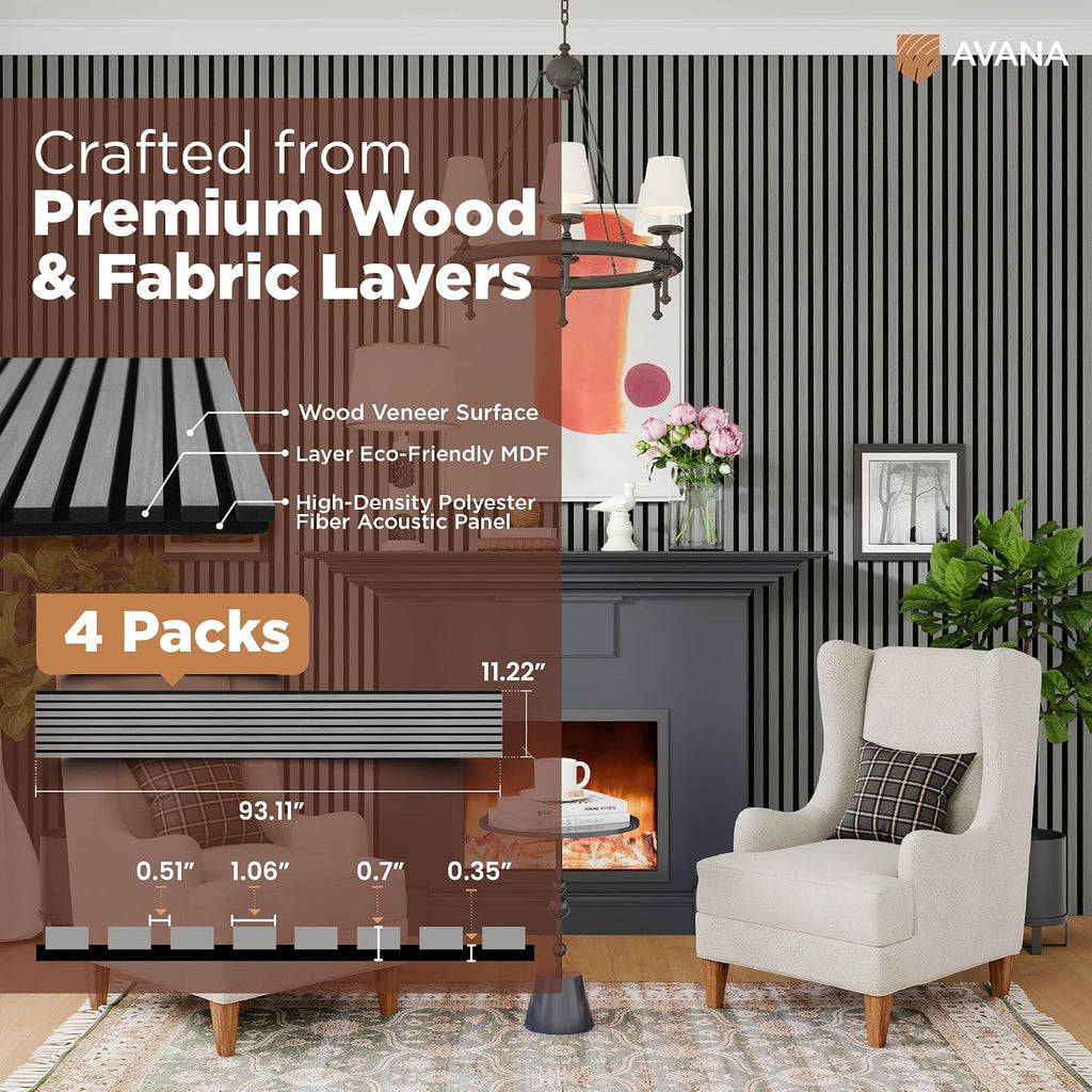 Avana Acoustic Wood Wall Panels – 93.2x11.25 Inch Panels – Fits 94x12 Layout – Gray Oak Acoustic Panels 4 PCs – Wall Panels for Interior Wall Decor for Homes, Offices – Design Wood Panels for Wall