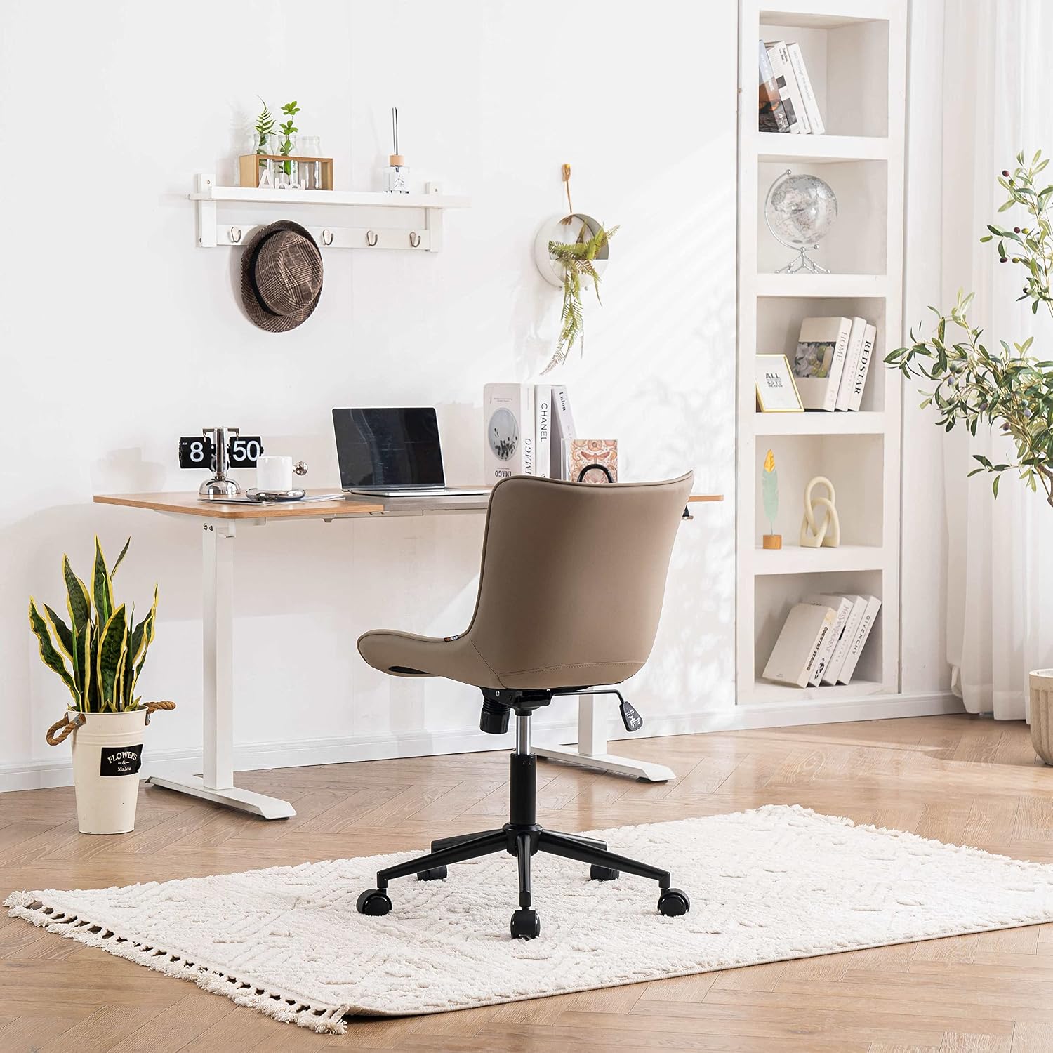 YOUNIKE Khaki Comfy Home Office Desk Chair with Wheels Armless Vanity Chair with Back Ergonomic Modern Leather Upholstered Rolling Task Chair Small Cute Sewing Chair No Arms Wide Swivel Adjustable