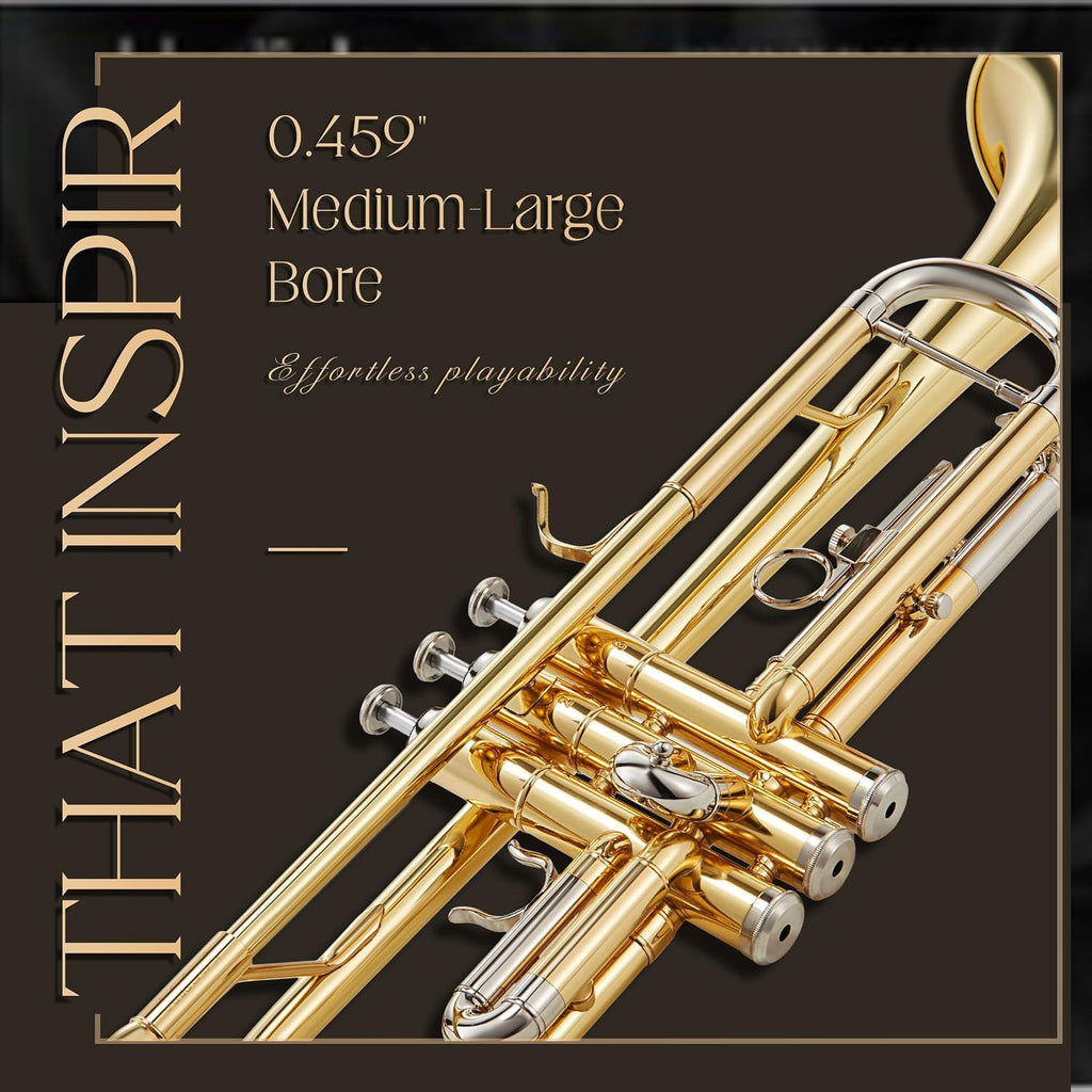 AKLOT Hand-Hammered Bell Bb Trumpet: Smooth Valve Action, Clear-Lacquered Brass Body, Standard Trumpet Beginner Set with Leather Case, Lesson Book, Trumpet Mute, Mouthpiece, Cleaning Kit (SNR-BrzED)