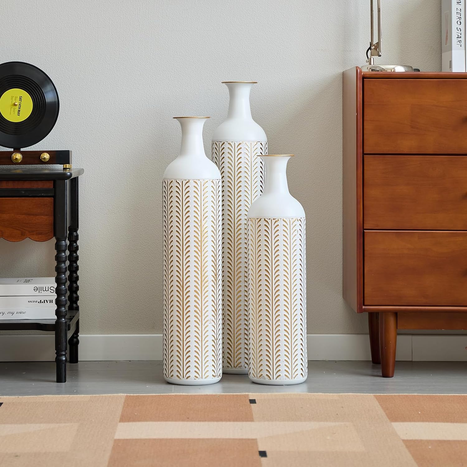 Floor Metal Decorated Vases Set of 3 for Gorgeous Home Decoration Large Glazed Metal Vases (Vintage White)