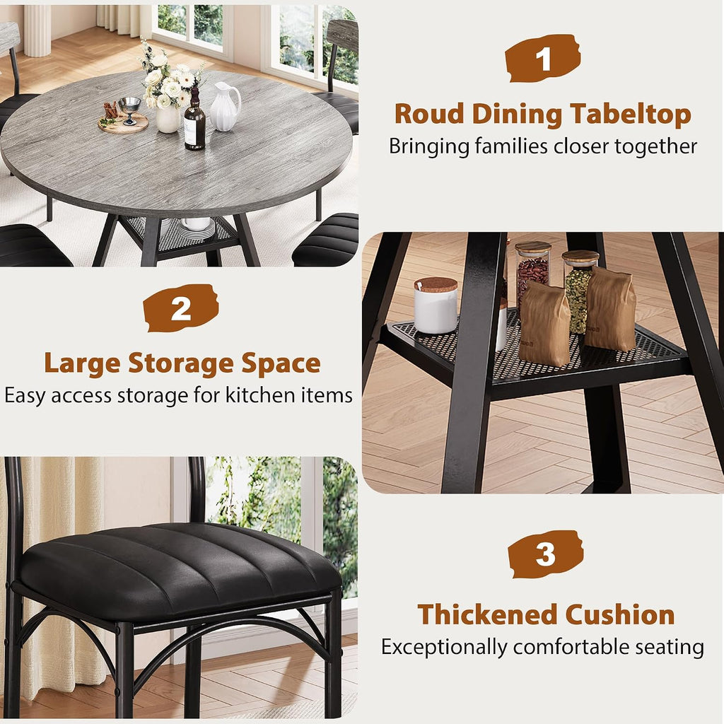 51' Round Dining Table Set for 6, Kitchen Table and Chairs for 4, Circle Table Round Pedestal Dining Room Dinner Dinette Table Set,5 Piece Space Saving Wood Kitchen & Dining Room Tables (Grey, 51In)