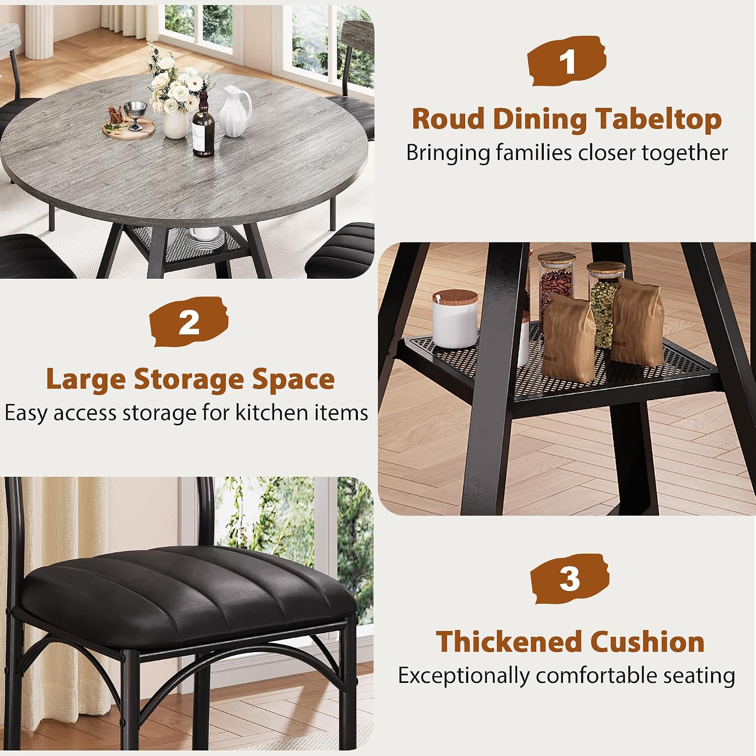 51' Round Dining Table Set for 6, Kitchen Table and Chairs for 4, Circle Table Round Pedestal Dining Room Dinner Dinette Table Set,5 Piece Space Saving Wood Kitchen & Dining Room Tables (Grey, 51In)