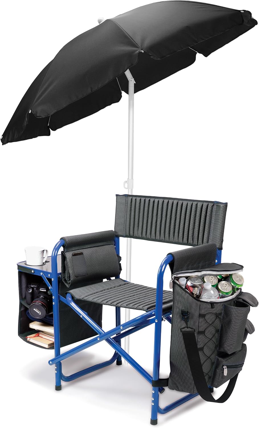 PICNIC TIME Fusion Camping Chair with Side Table and Soft Cooler, Outdoor Foldable Padded Camping Chairs with Cup Holder for Lawn, Beach, & Sports Use for Adults, (Dark Gray Blue Accents)