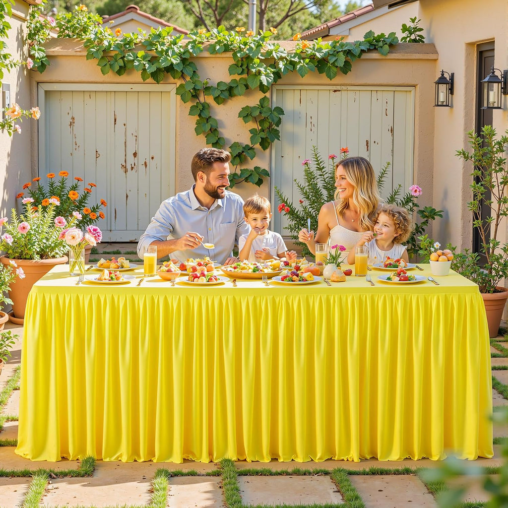 6 Pack Yellow Tablecloths for Rectangle Tables 8ft, Wrinkle Resistant Spandex Table Cover Fitted Stretch Table Cloth with Pleated Ruffle Skirts for Party Banquet Dining Birthday Wedding