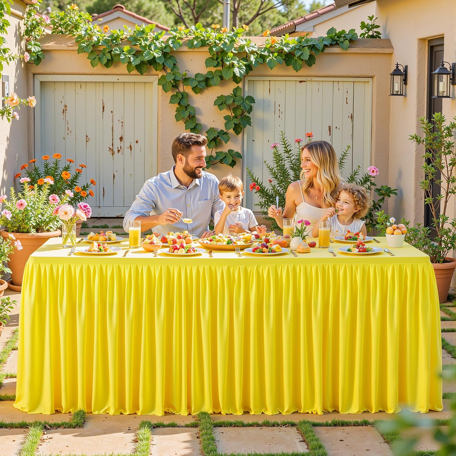 6 Pack Yellow Tablecloths for Rectangle Tables 8ft, Wrinkle Resistant Spandex Table Cover Fitted Stretch Table Cloth with Pleated Ruffle Skirts for Party Banquet Dining Birthday Wedding