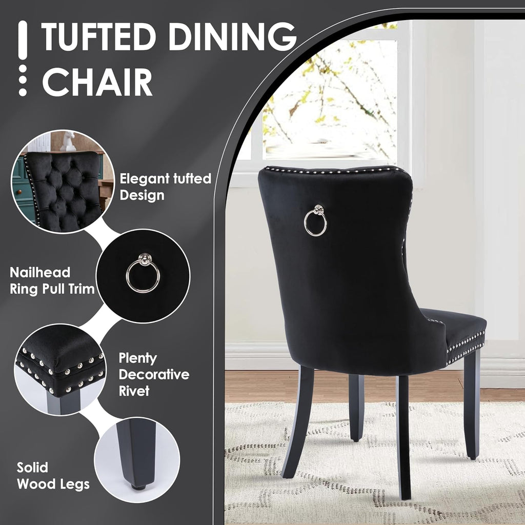 Modern Luxury Round Glass Dining Set for 4, 5 Pcs Small Minimalist Circle Kitchen Table Set, 36'' Clear Circular Glass Top Dinner Room Set, Black High-end Tufted Chairs, for Apartment (Black)