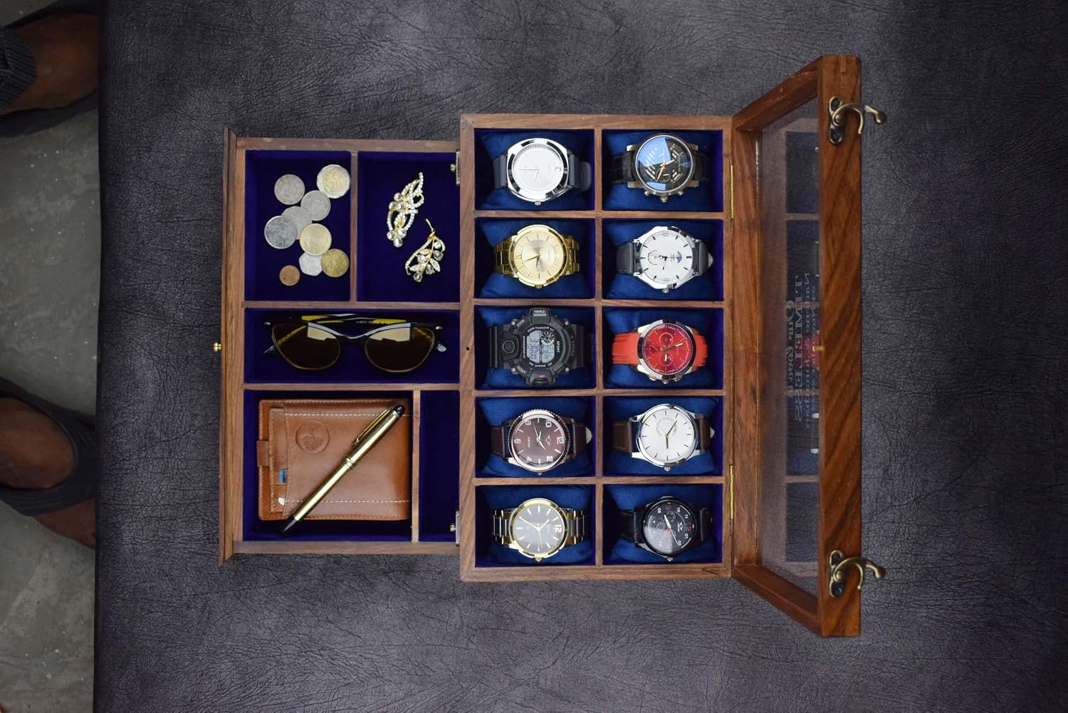 Royal Craft Expertise® 10-Slot Premium Wooden Watch Box for Men – Handcrafted Rosewood Organizer with Soft Velvet Lining | Elegant Display Case with Drawer | Ideal for Watch Storage & Gifting