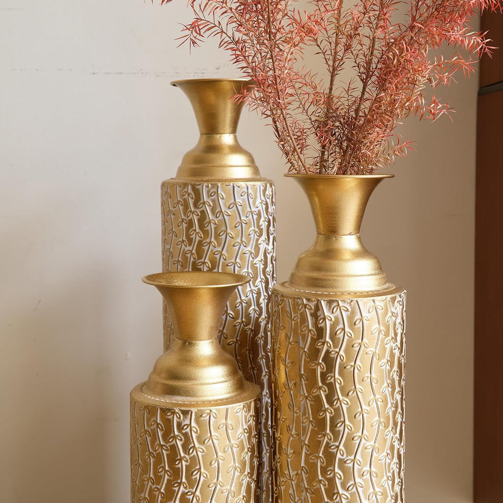 Floor Metal Decorated Vases Set of 3 for Gorgeous Home Decoration Large Glazed Metal Vases (Matte Gold)