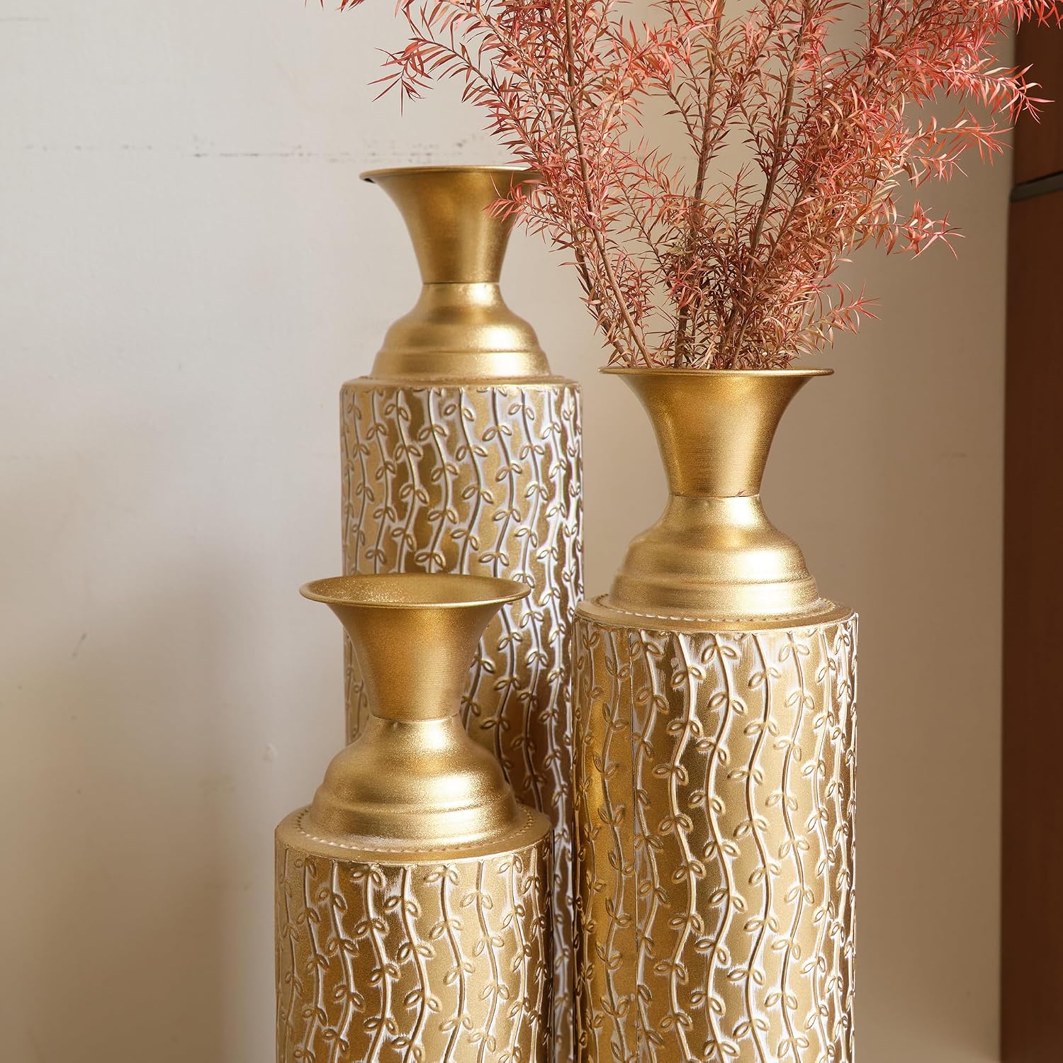 Floor Metal Decorated Vases Set of 3 for Gorgeous Home Decoration Large Glazed Metal Vases (Matte Gold)