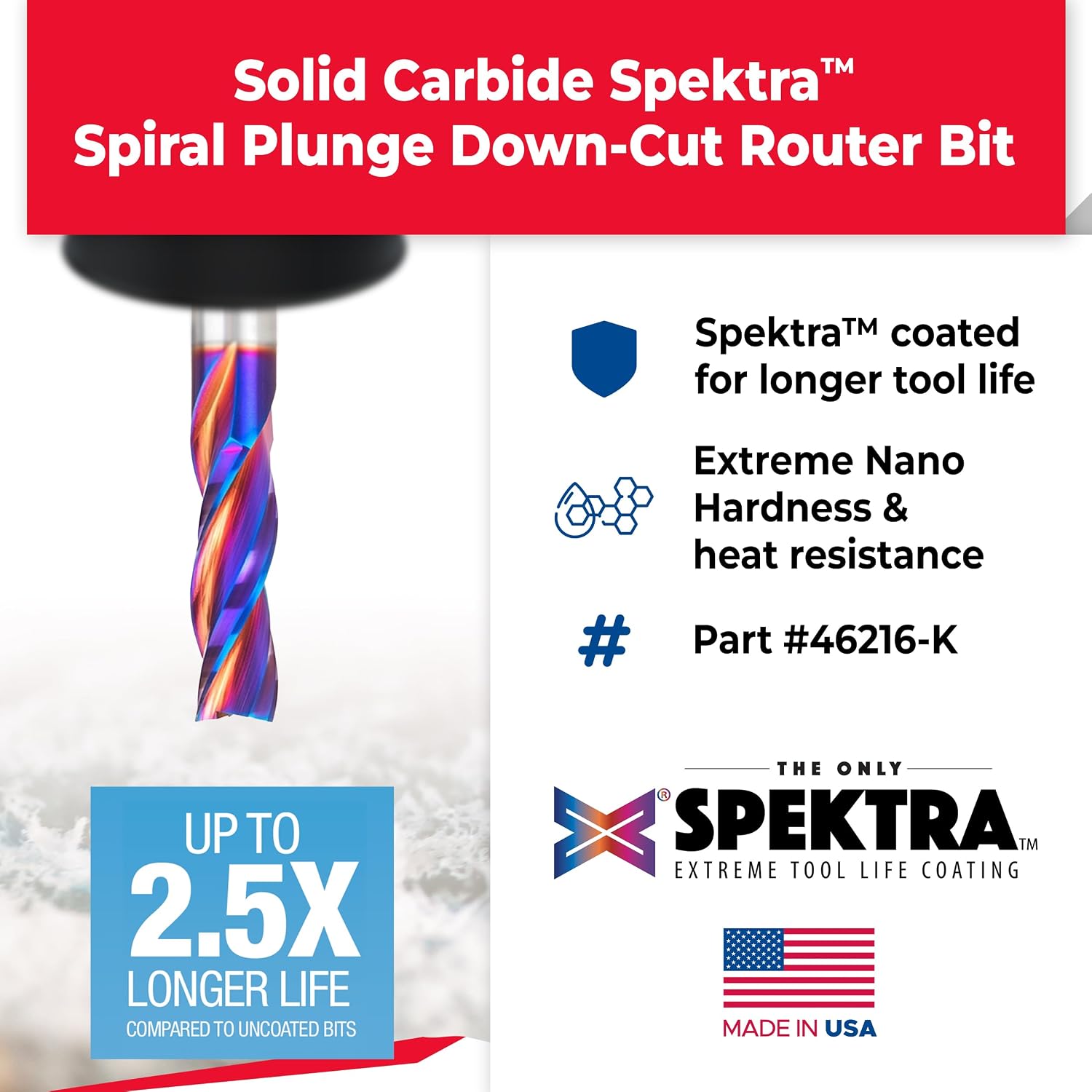 Amana Tool Spektra Extreme Tool Life Solid Carbide CNC Down-Cut Spiral Plunge Router Bit, 46216-K, 1/2 D x 1-1/2 CH x 1/2 SHK x 3-1/2 Inch Long 3-Flute