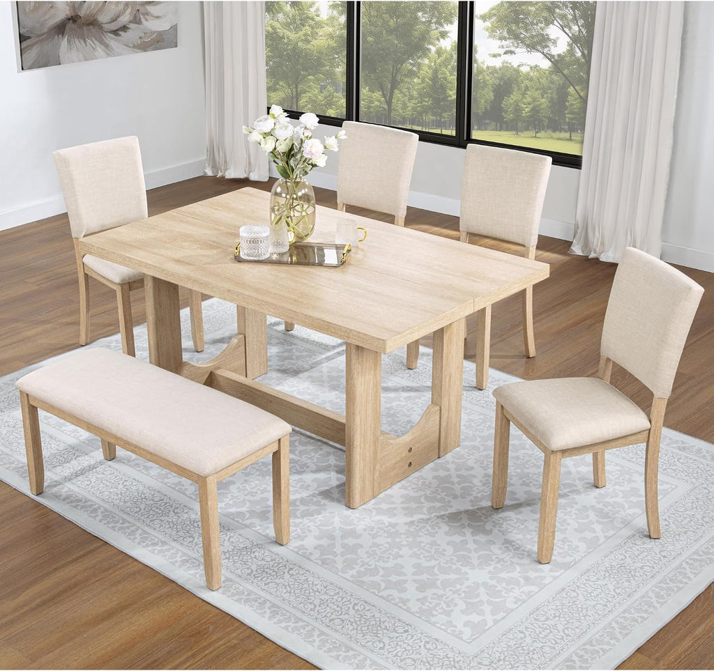 KEIKI 6-Piece Standard Height Dining Table Set with Rectangular Table, 4 Upholstered Curved Backrset Chair, Bench, for 6 Person, Modern Table Set, Easy Assembly, for Kitchen, Dining Room, Beige