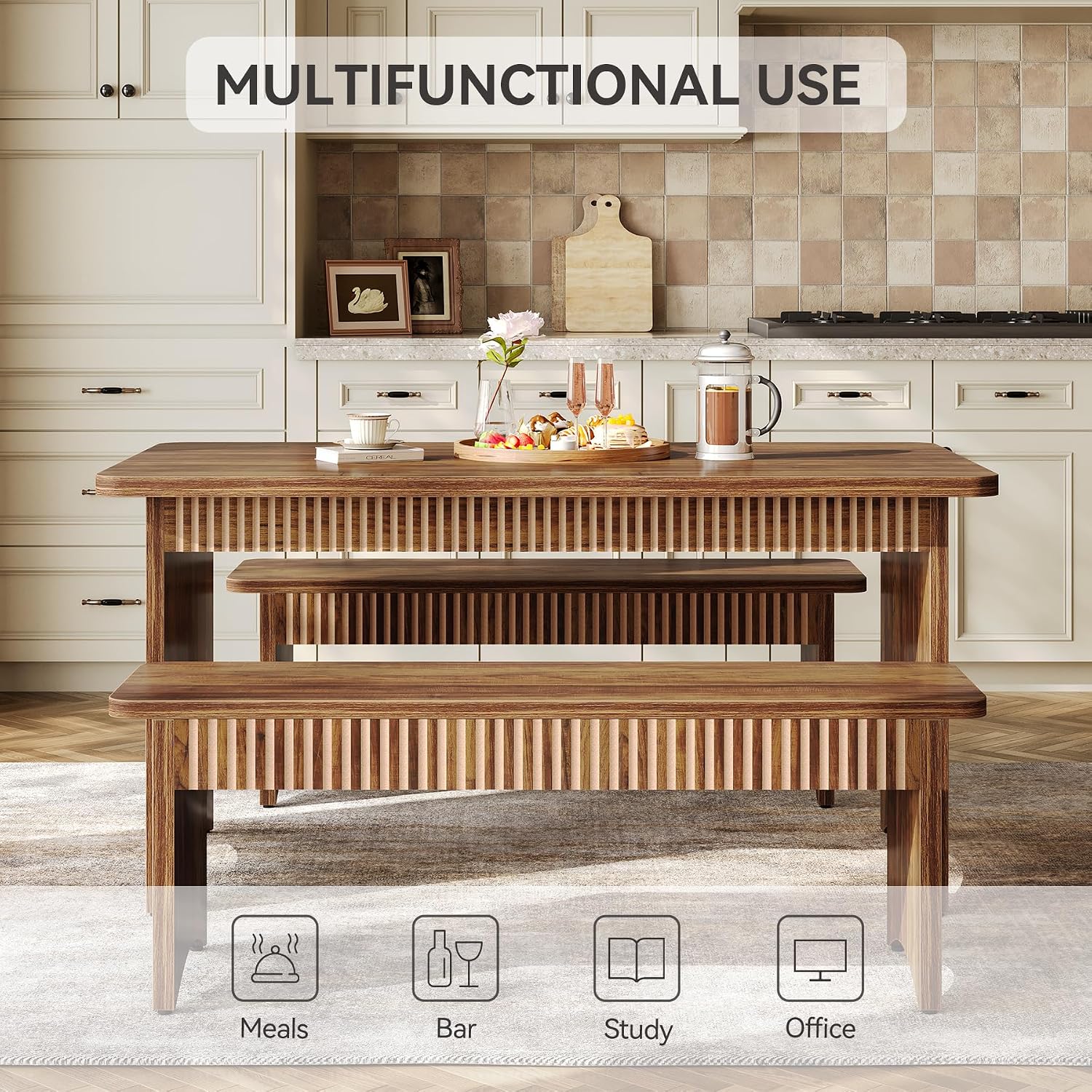 LITTLE TREE 55' Dining Table with 2 Benches, Dining Table Set for 4-6 People, Farmhouse Kitchen Table with Bench, Dining Room Table Set