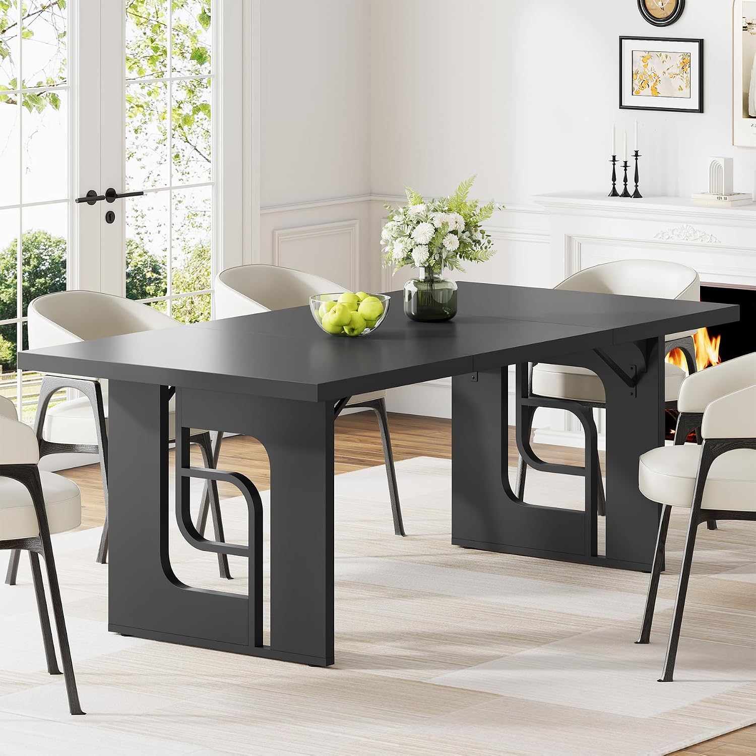 71'' Large Dining Table for 6 to 8 People, Modern Rectangular Kitchen Table, Dinner Table Furniture with Metal Legs for Dining Room, Living Room, Banquet, Home, Black