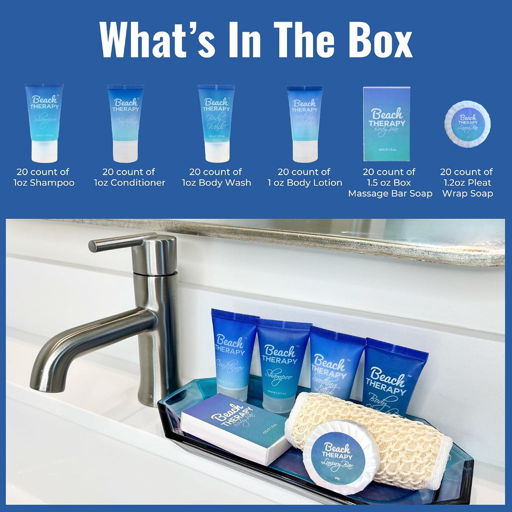 Beach Therapy - Complete Hotel Toiletry kits with 1oz Travel Size Shampoo, Conditioner, Body Wash, Lotion, and 2 Hotel Soaps. Air BnB Essentials - Rental Ready Kit (120 Piece)