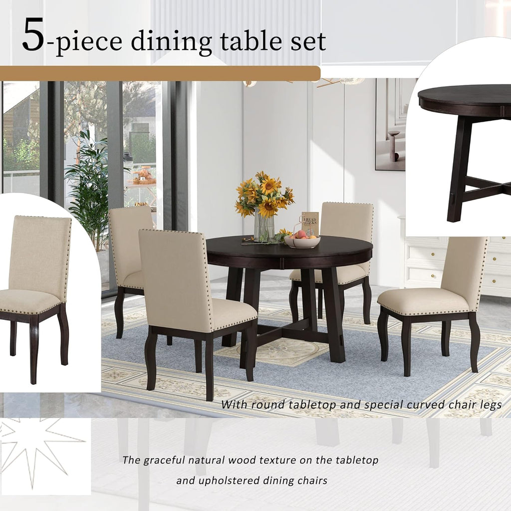 Harper & Bright Designs Kitchen Dining Table Set for 4, Wood Round Extendable Dining Table and 4 Dining Chairs Dining Table Set (Espresso), ST000074AAP-MZJ