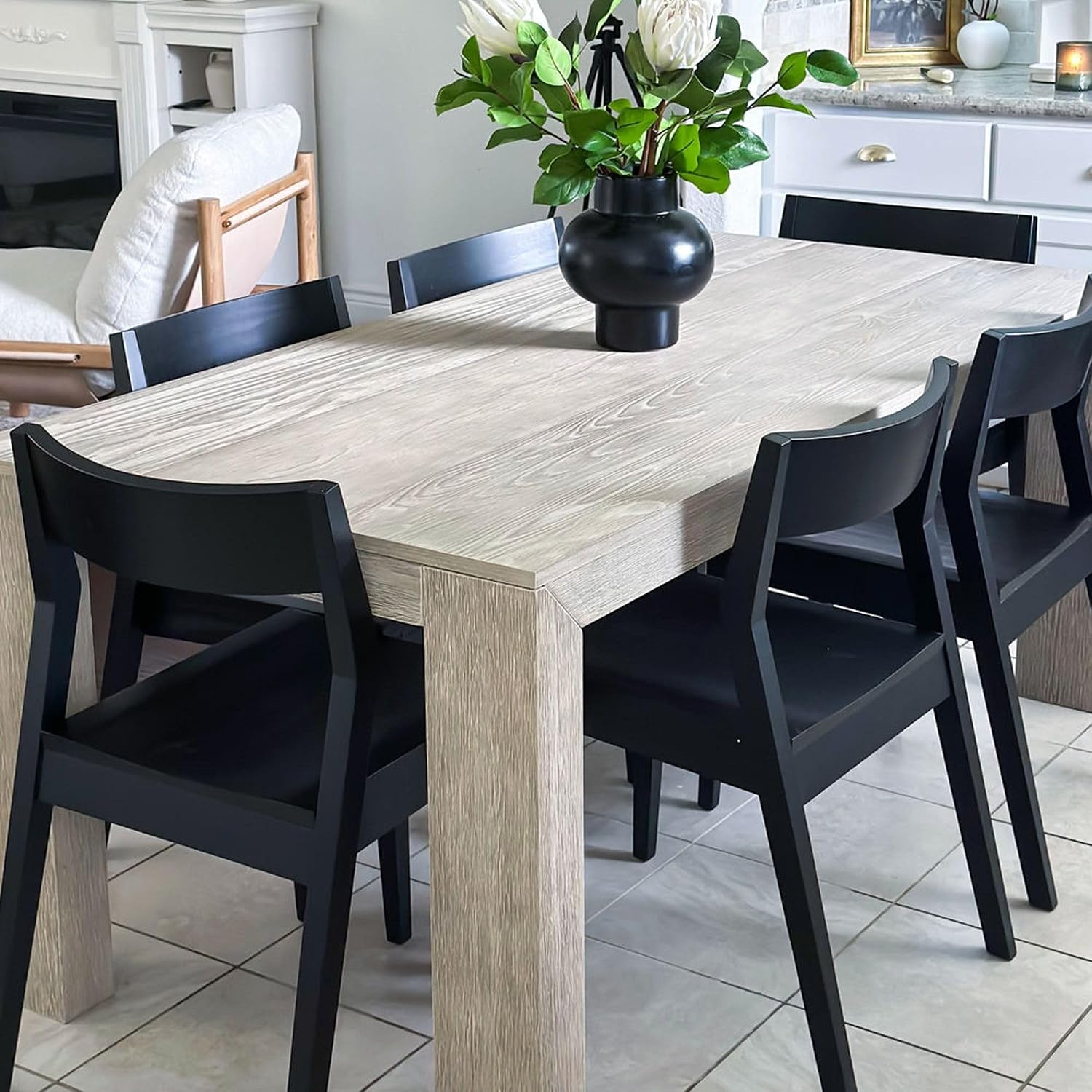 Plank+Beam 72 Inch Modern Solid Wood Dining Table - Solid Pine, Wirebrush Finish, Seats 6, Non-Toxic Finish, Easy Assembly, for Kitchen or Office, Seashell Wirebrush