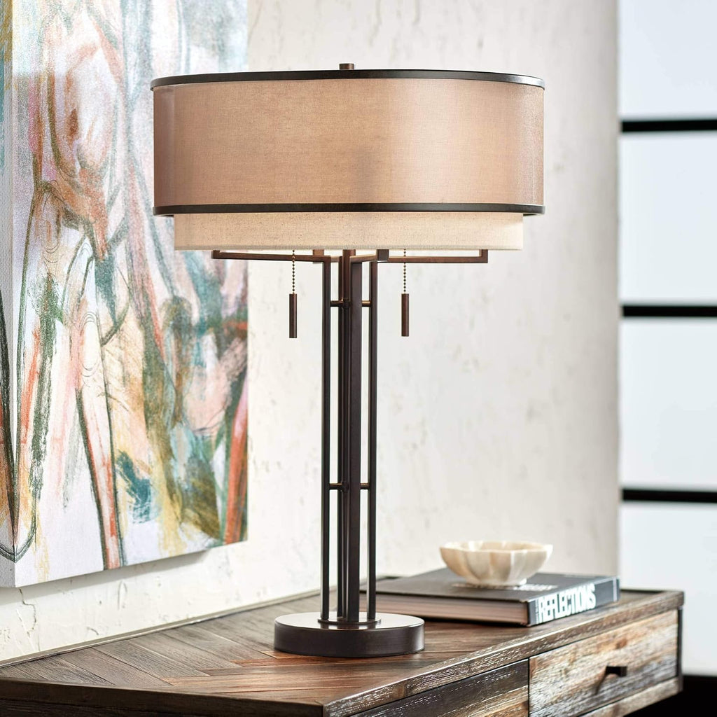Franklin Iron Works Andes 27 1/2' Tall Industrial Rustic Modern Table Lamps Set of 2 Pull Chain Brown Oil Rubbed Bronze Finish Metal Double Shade Living Room Bedroom Bedside Nightstand House Office