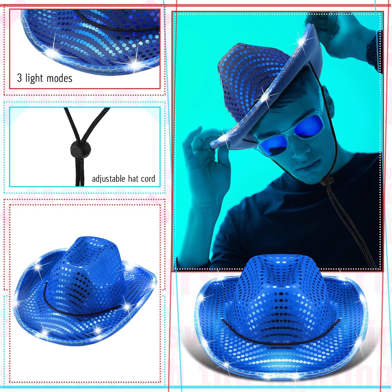 Tisancy 20 Pack Lights Cowboy Cowgirl Hat LED Flashing Light Up Hat for Western Bachelorette Party Wedding Bridal