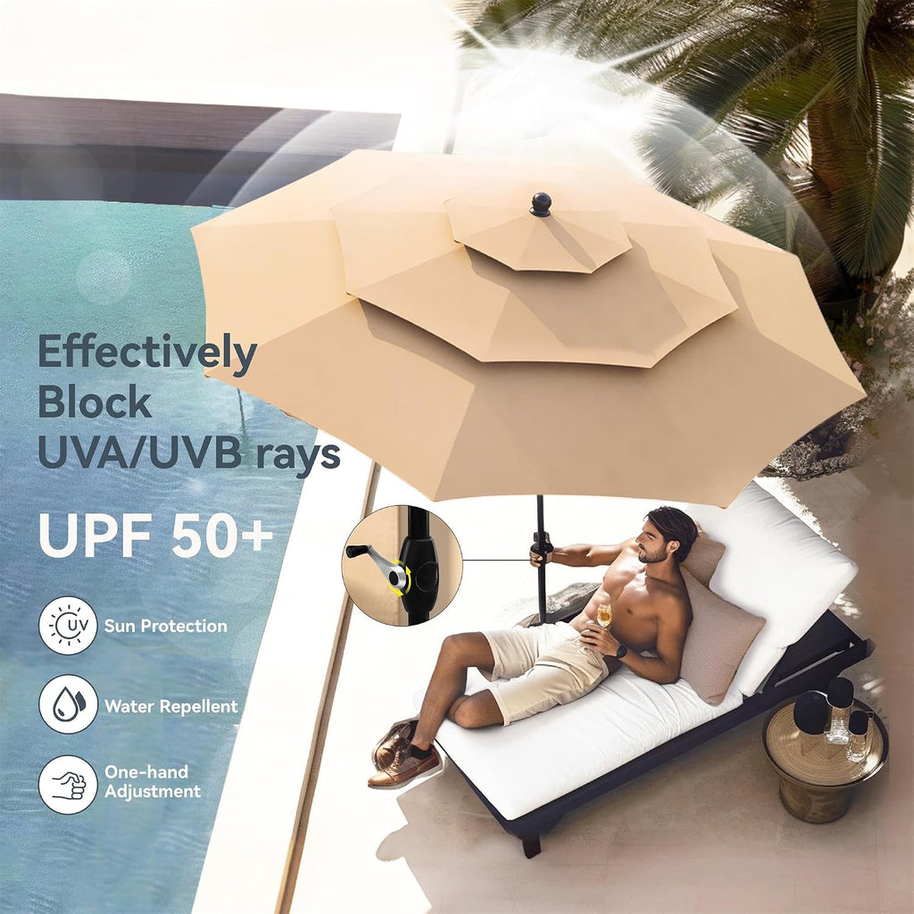 PHI VILLA 6 Piece Outdoor Dining Set with 10FT Umbrella (Beige), Patio Table and Chairs Set with Adjustable Folding Dining Chairs & Metal Square Table for Yard Garden Deck (No Umbrella Base)